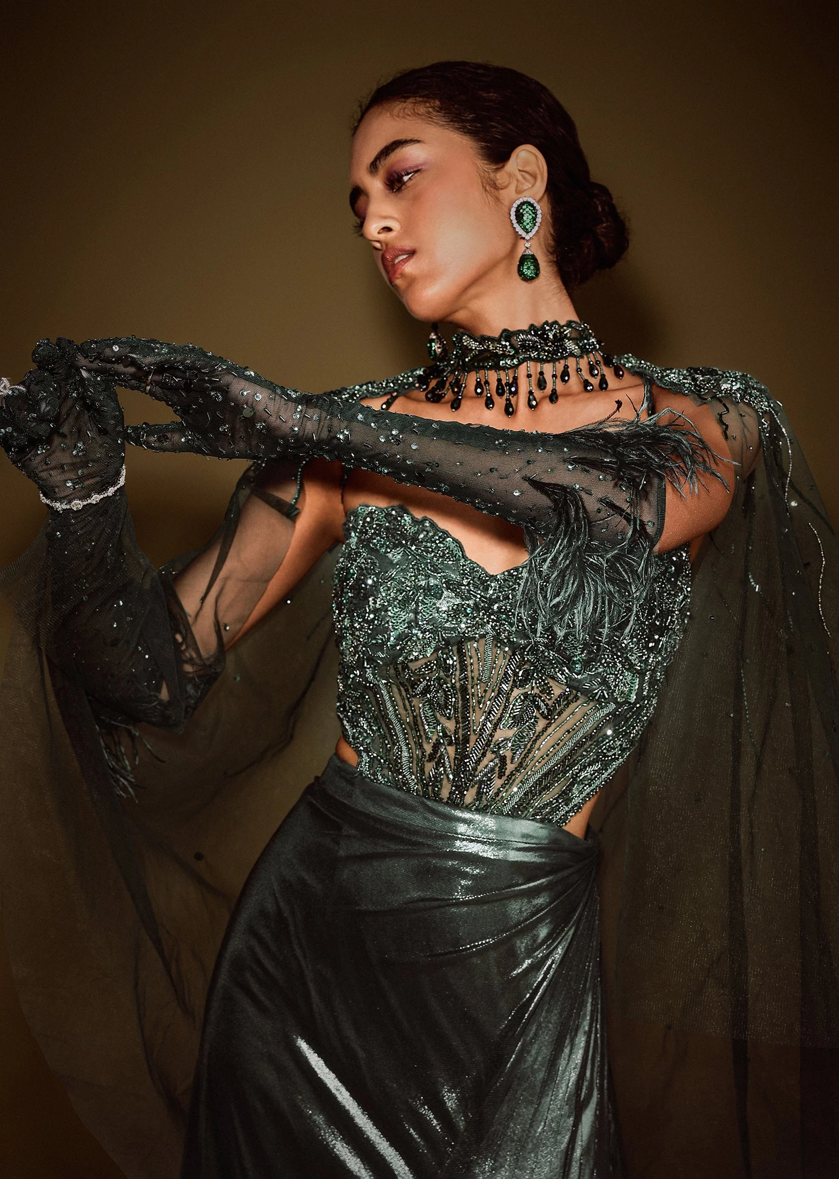 Dark Green Corset Drape Gown With Embroidered Cape - Image 3
