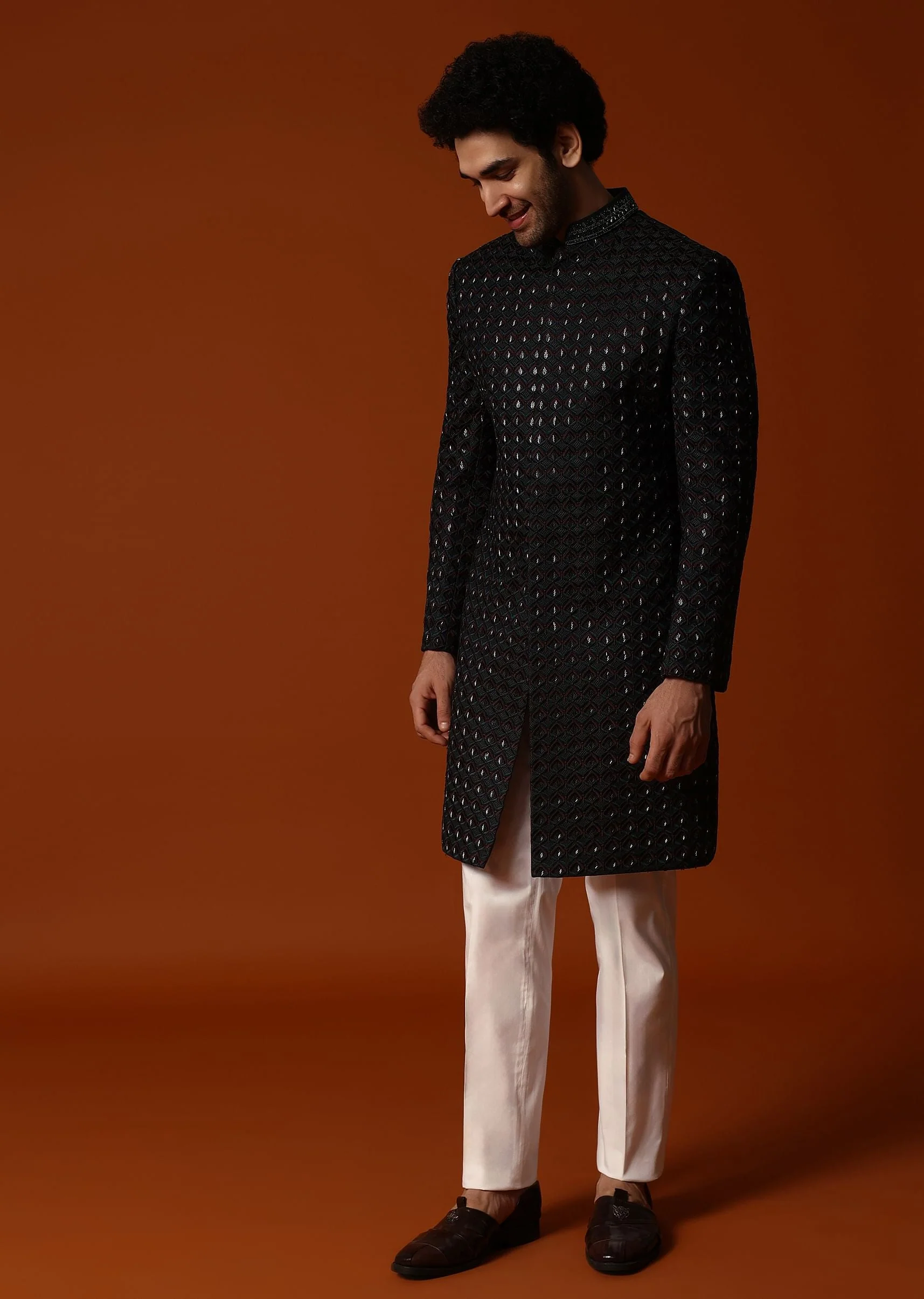 Dark Green Cutdana Embroidered Sherwani Set For Men - Image 4