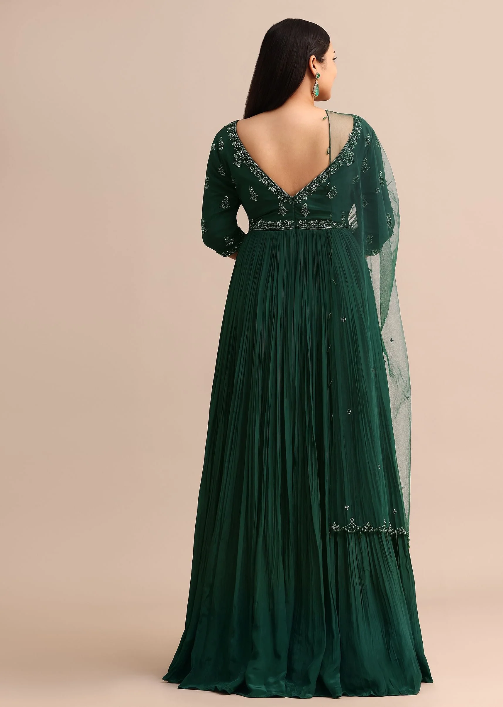 Dark Green Embroidered Anarkali Suit With Net Dupatta - Image 5