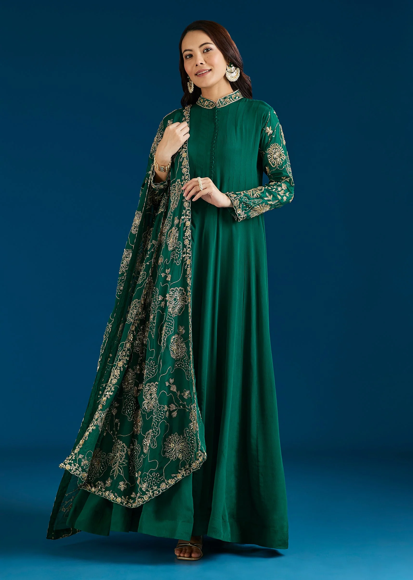 Dark Green Embroidered Chinon Anarkali Suit With Dupatta
