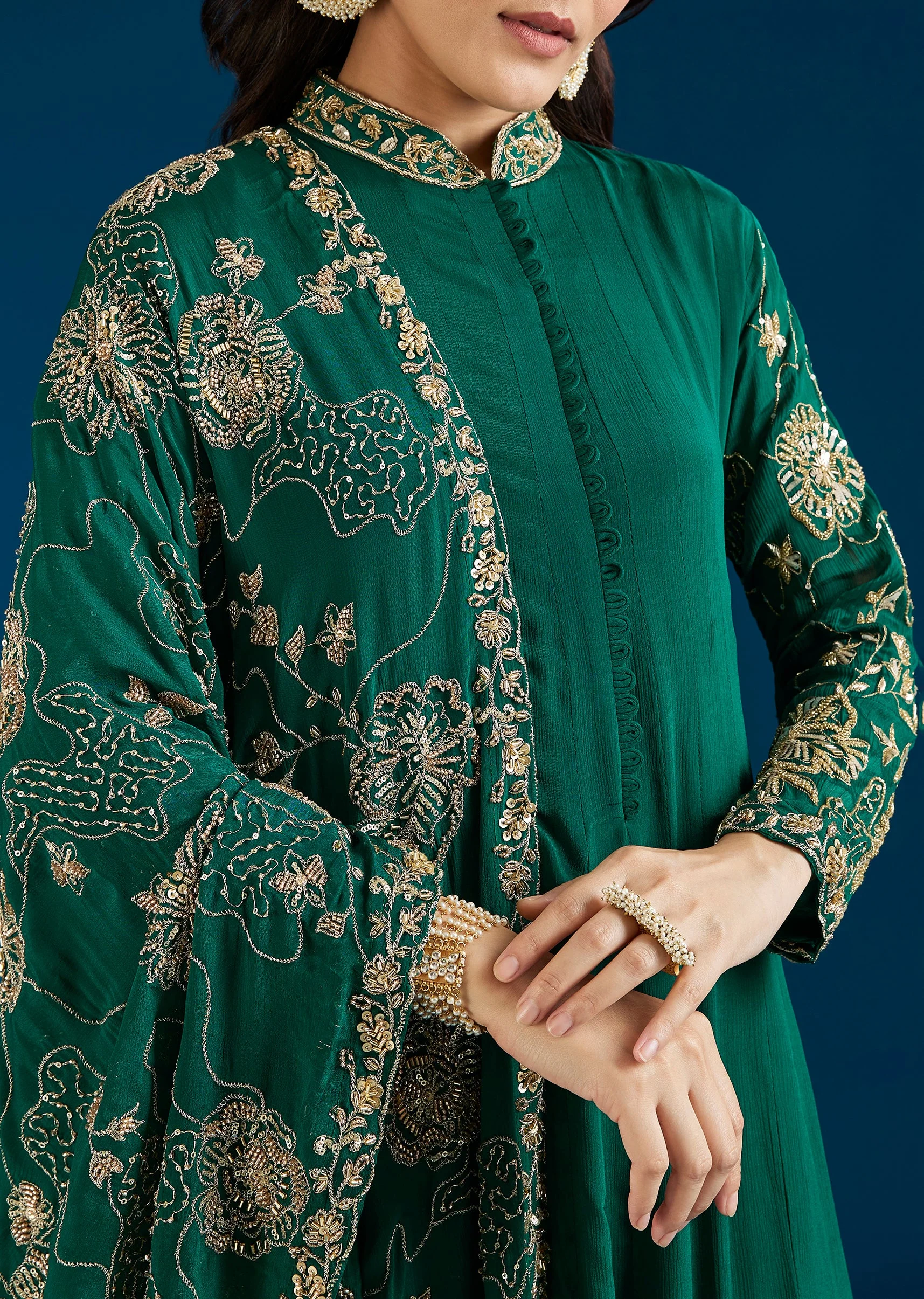 Dark Green Embroidered Chinon Anarkali Suit With Dupatta - Image 2