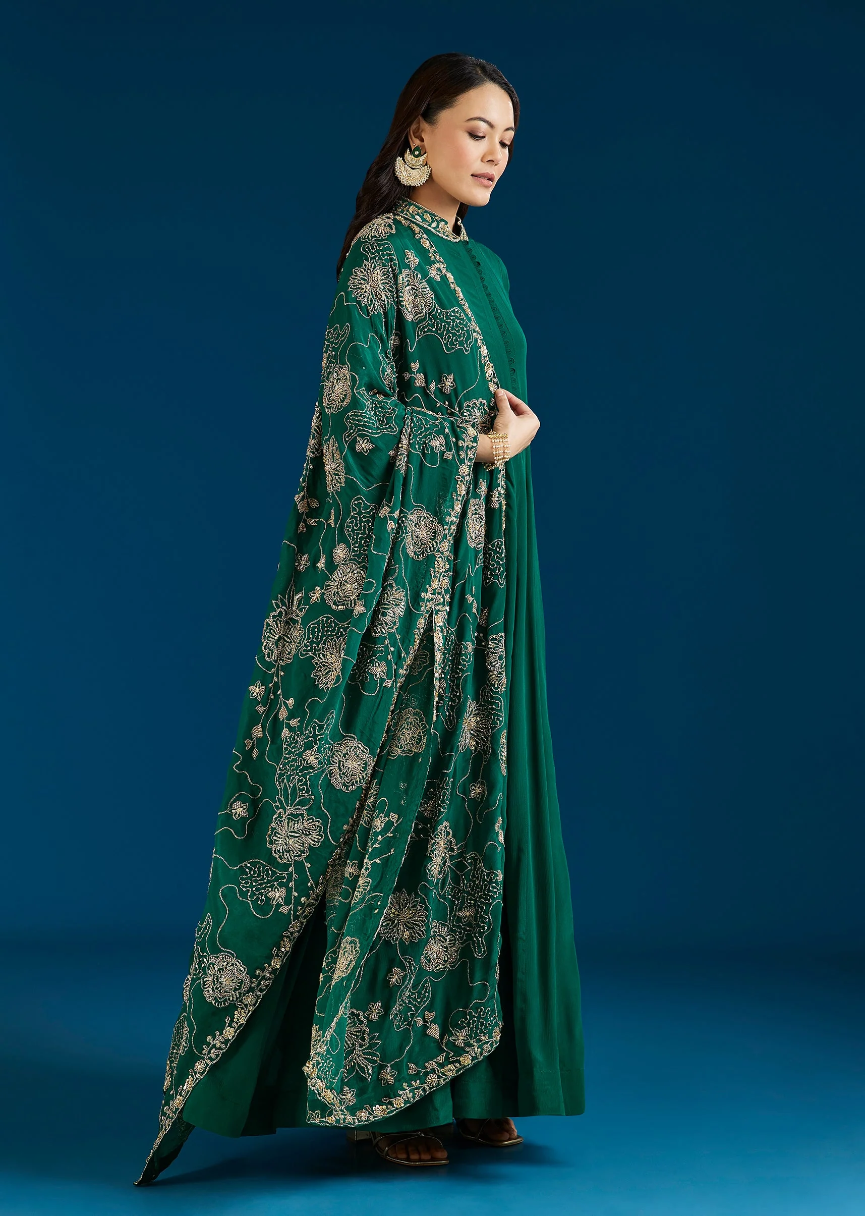 Dark Green Embroidered Chinon Anarkali Suit With Dupatta - Image 3