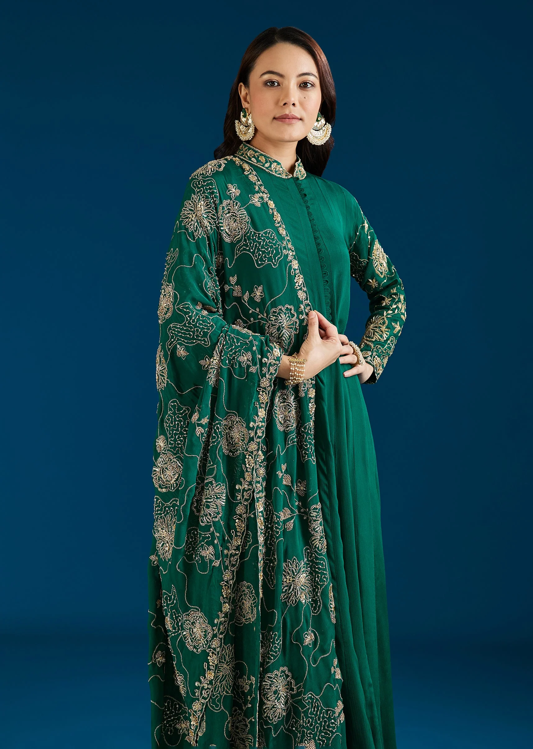 Dark Green Embroidered Chinon Anarkali Suit With Dupatta - Image 4