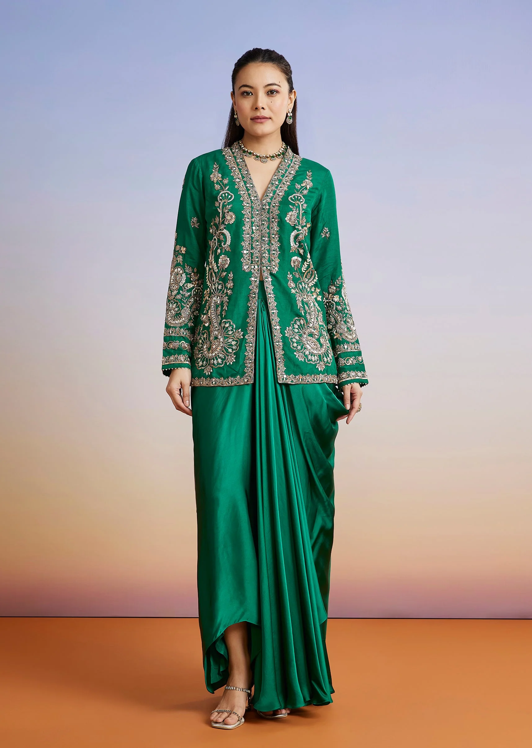 Dark Green Embroidered Silk Blend Crop Top Skirt Set