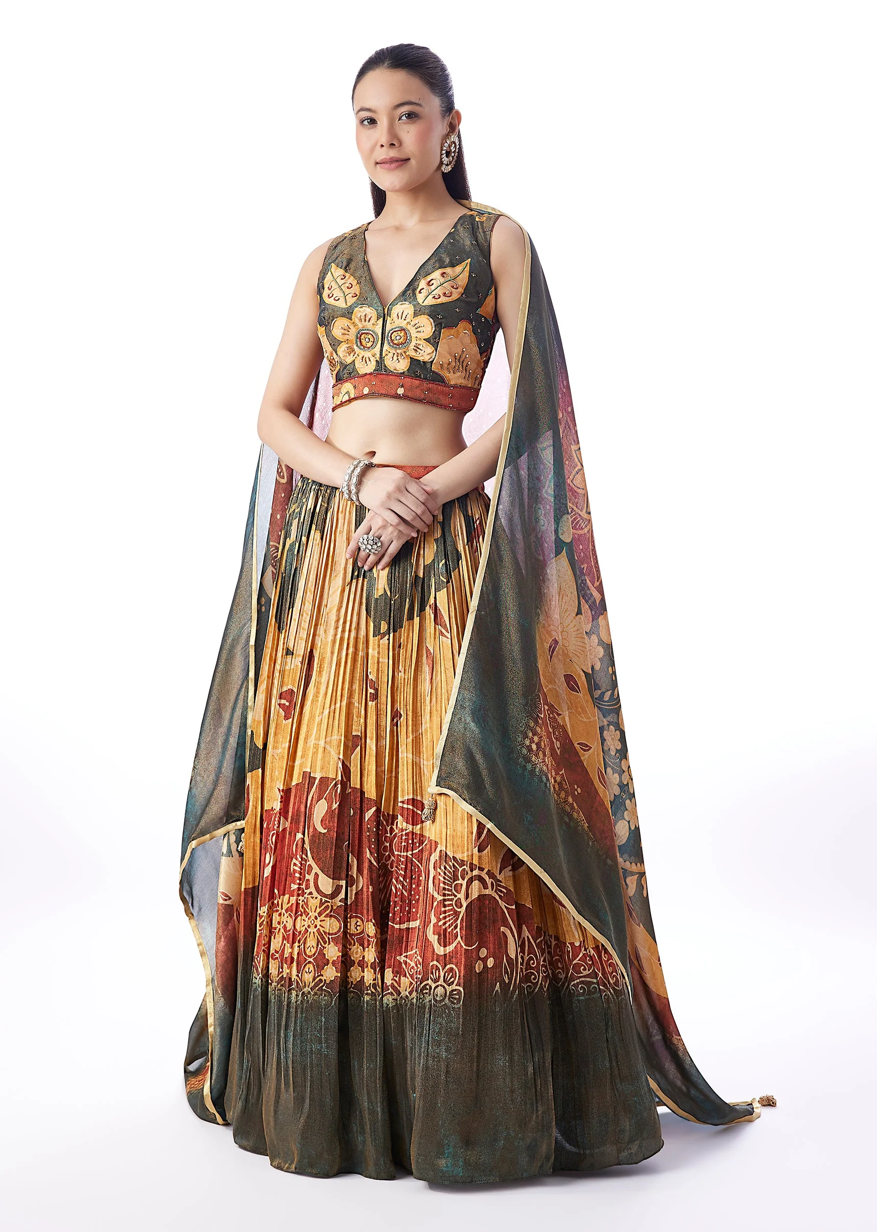 Dark Green Floral Printed Lehenga