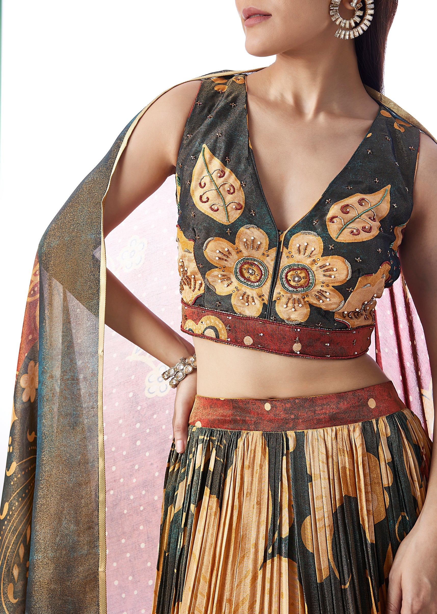 Dark Green Floral Printed Lehenga - Image 3