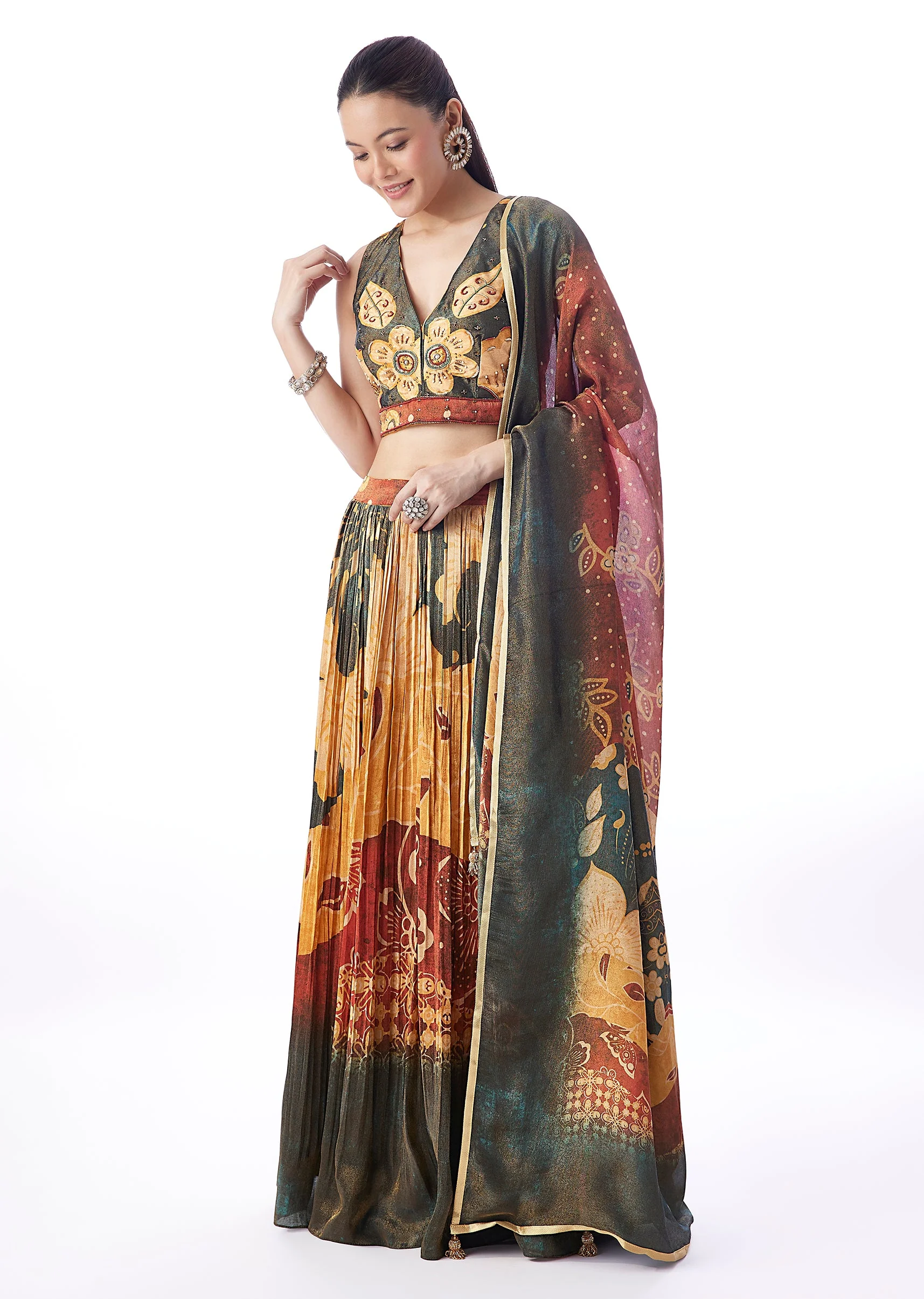 Dark Green Floral Printed Lehenga - Image 4