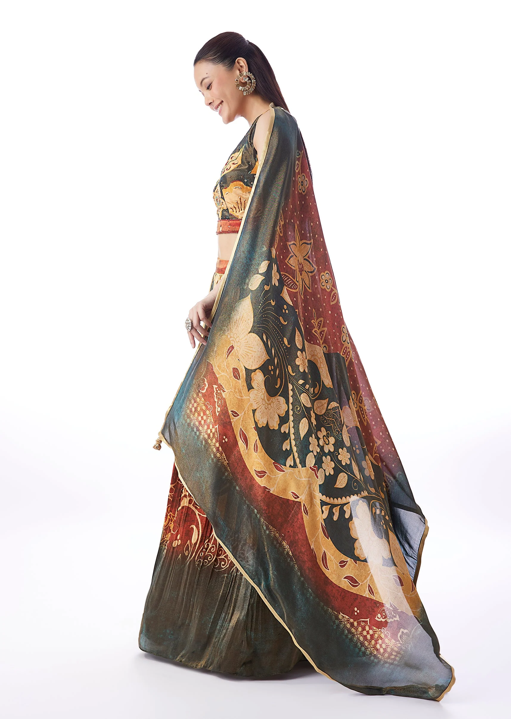 Dark Green Floral Printed Lehenga - Image 6