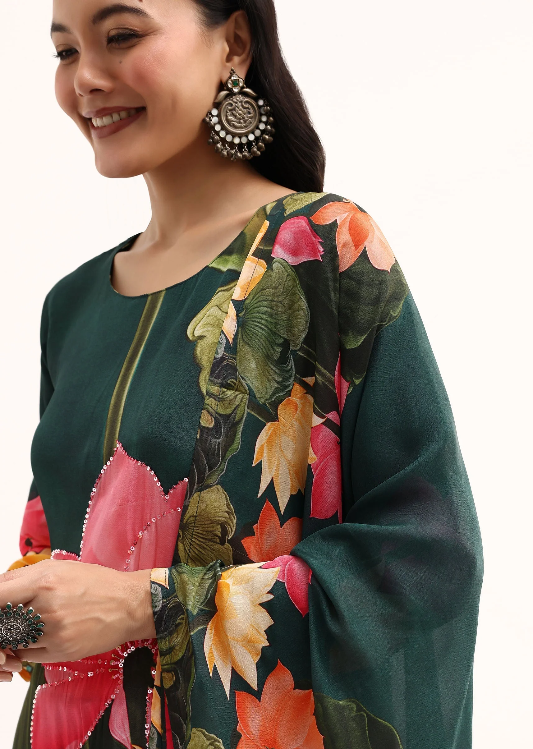 Dark Green Floral Satin Printed Kurta Set With Dupatta - Image 2