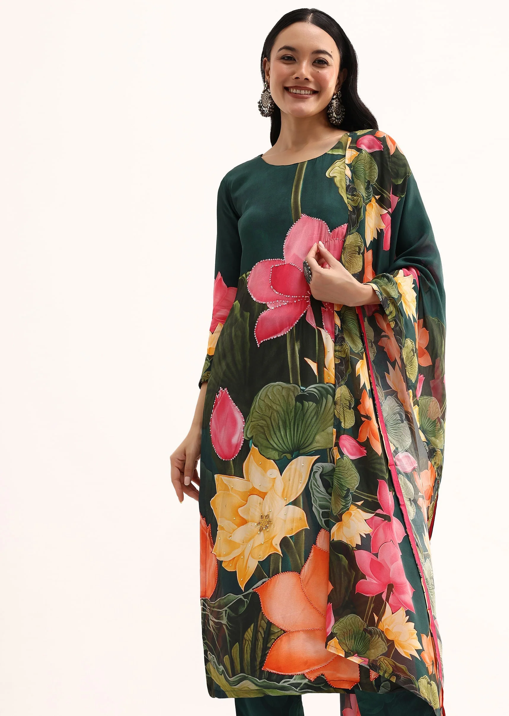Dark Green Floral Satin Printed Kurta Set With Dupatta - Image 4