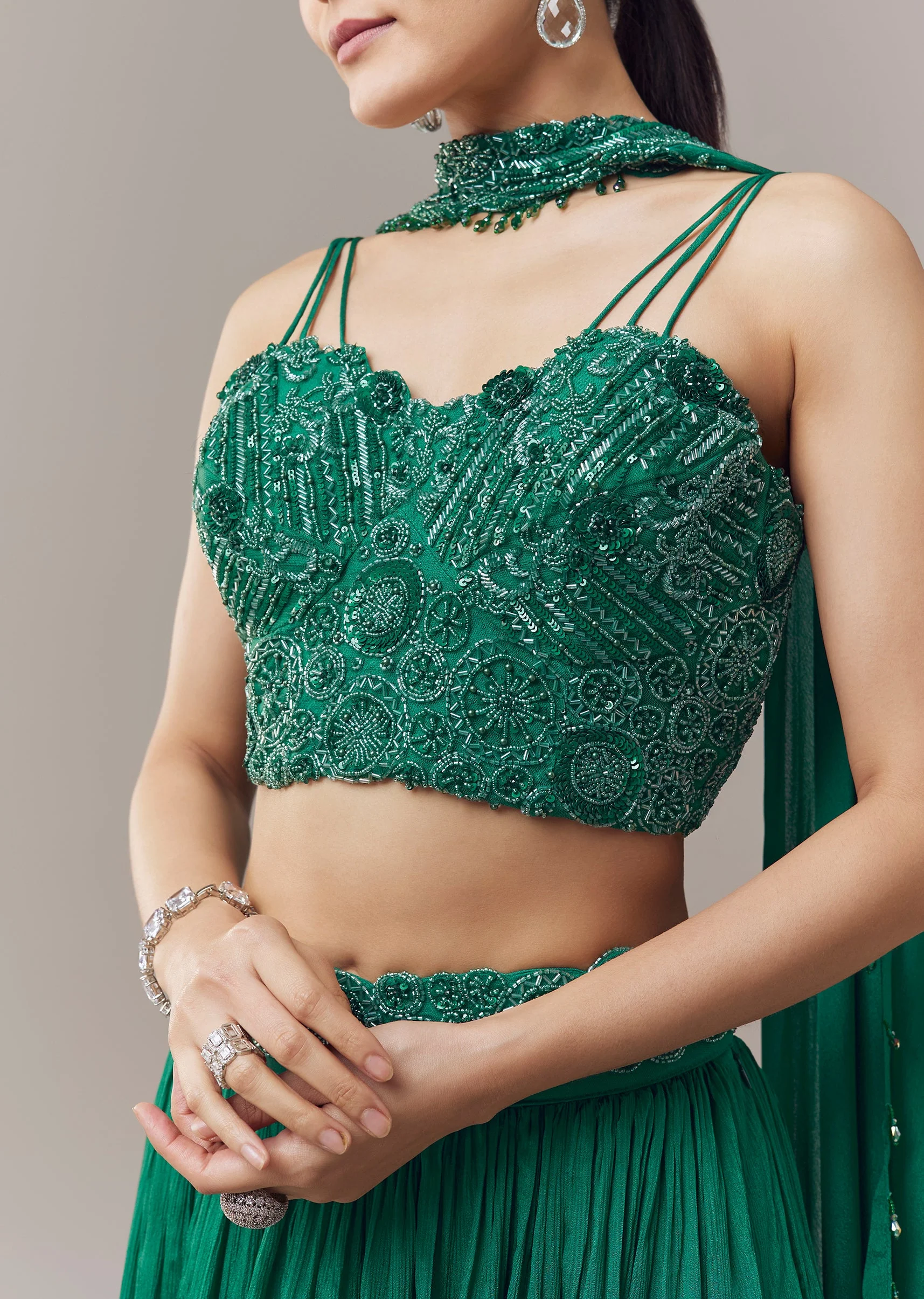 Dark Green Lehenga With Beads Sequins And Cut Dana Work Choli - Image 2