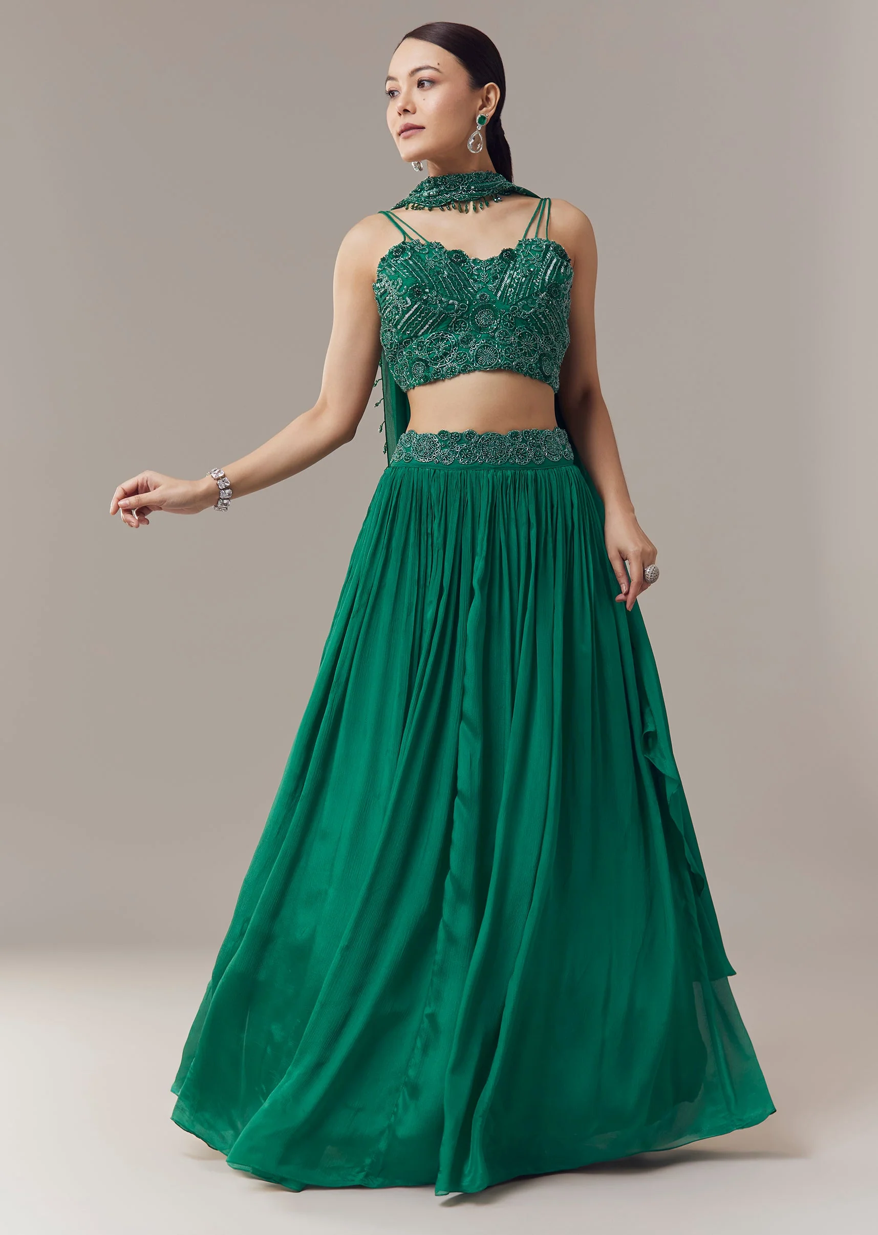 Dark Green Lehenga With Beads Sequins And Cut Dana Work Choli - Image 3