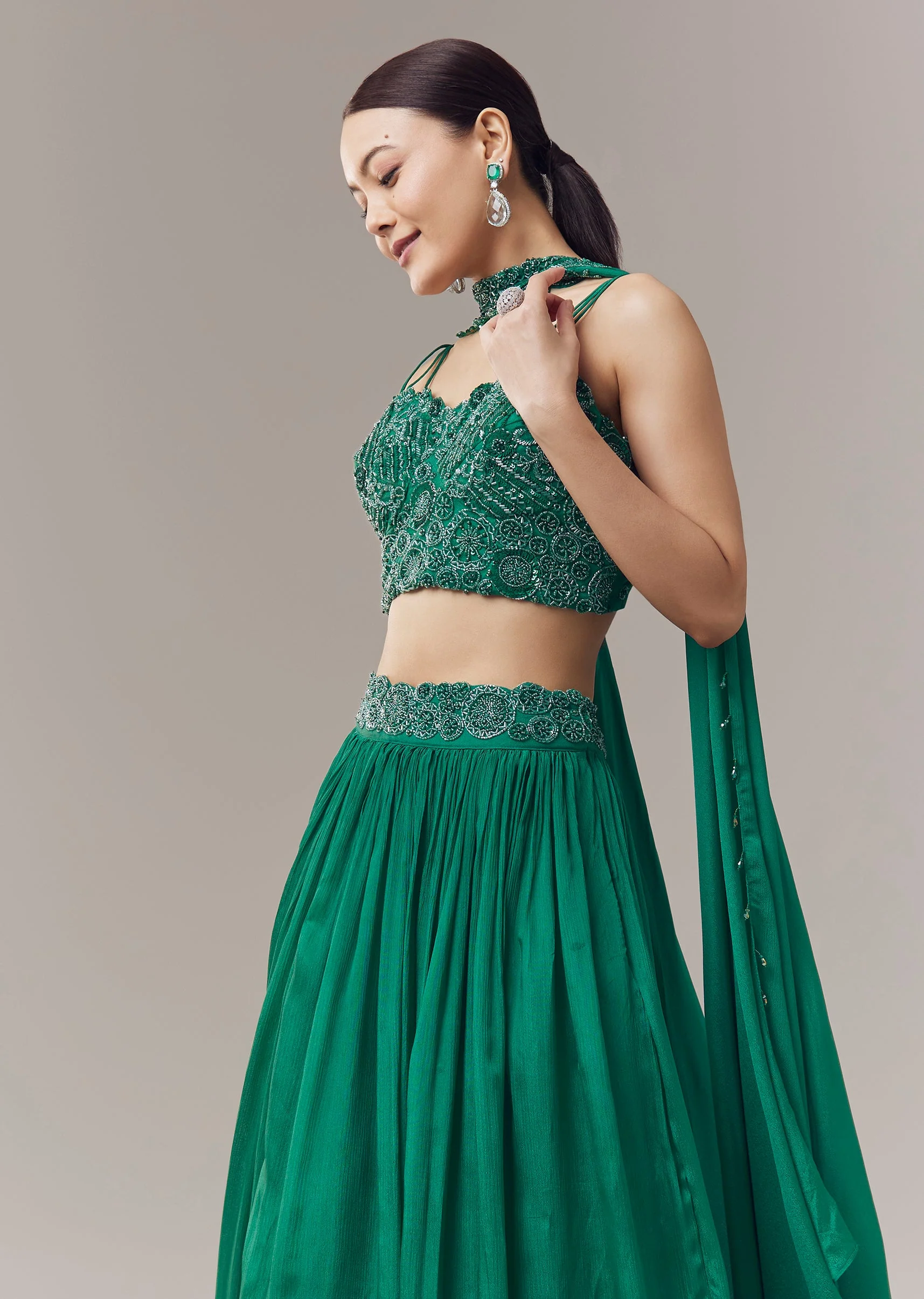 Dark Green Lehenga With Beads Sequins And Cut Dana Work Choli - Image 4