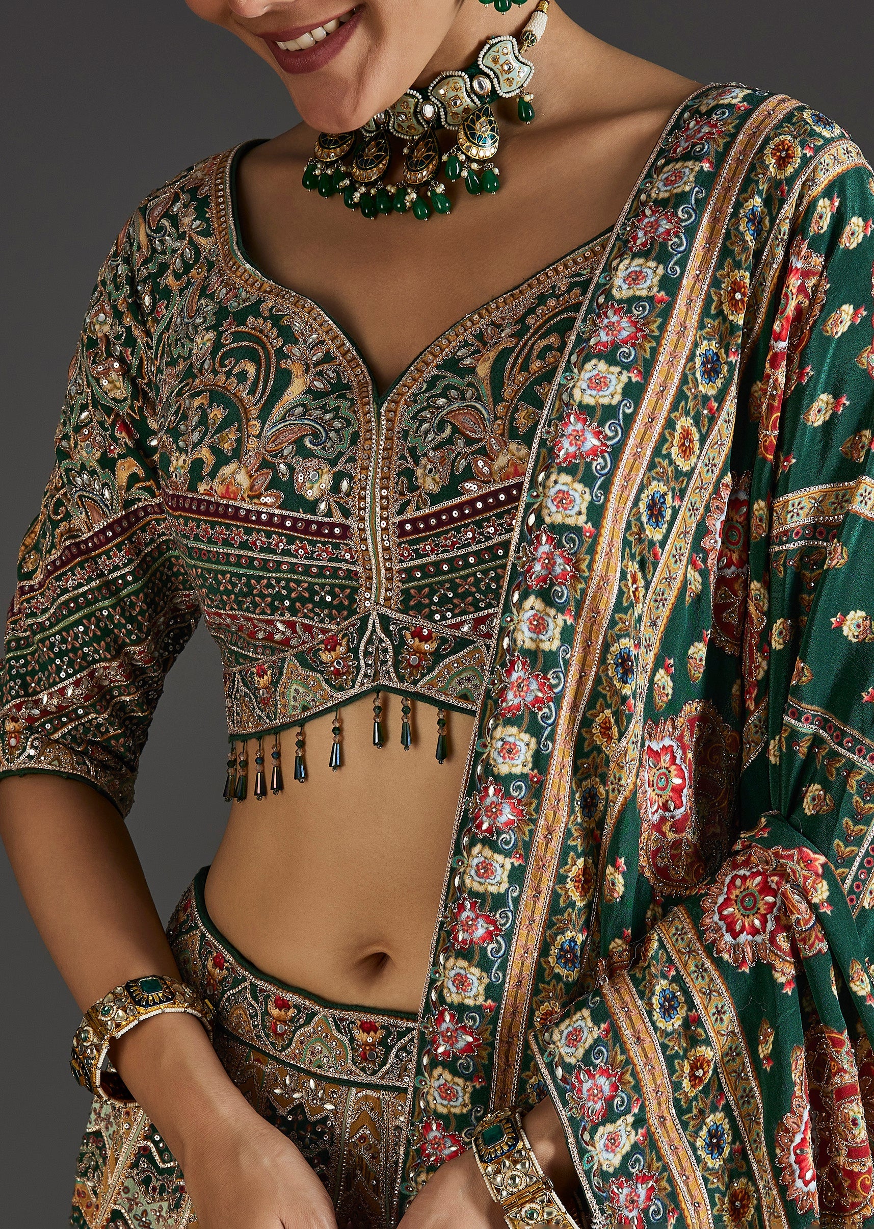 Dark Green Lehenga With Bold Festive Prints - Image 3