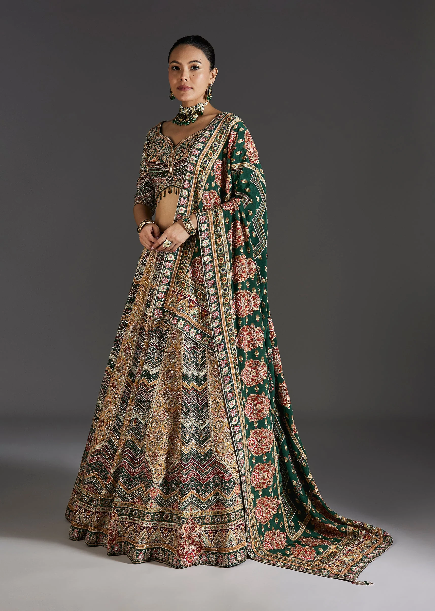 Dark Green Lehenga With Bold Festive Prints - Image 4