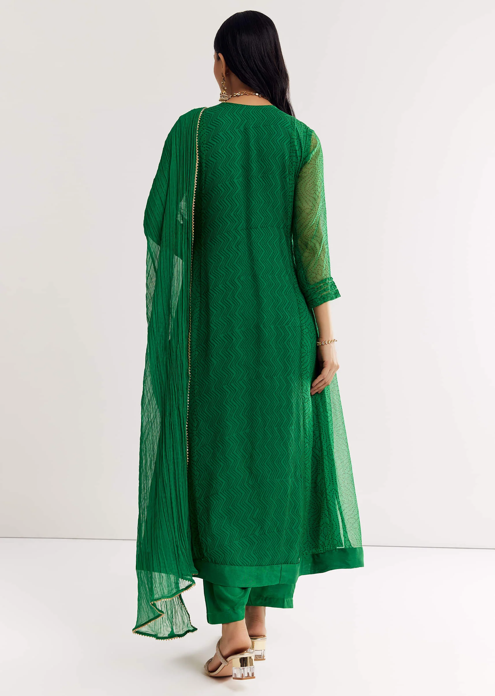 Dark Green Printed Chiffon Sequin Kurta Set With Dupatta - Image 5