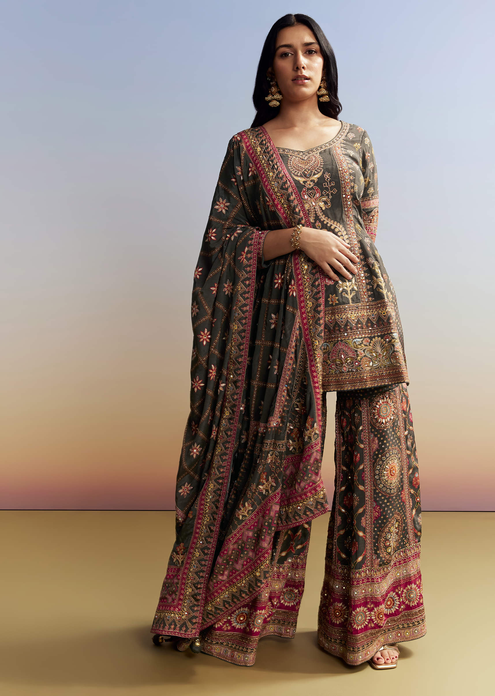 Dark Green Printed Sharara Set - Image 3