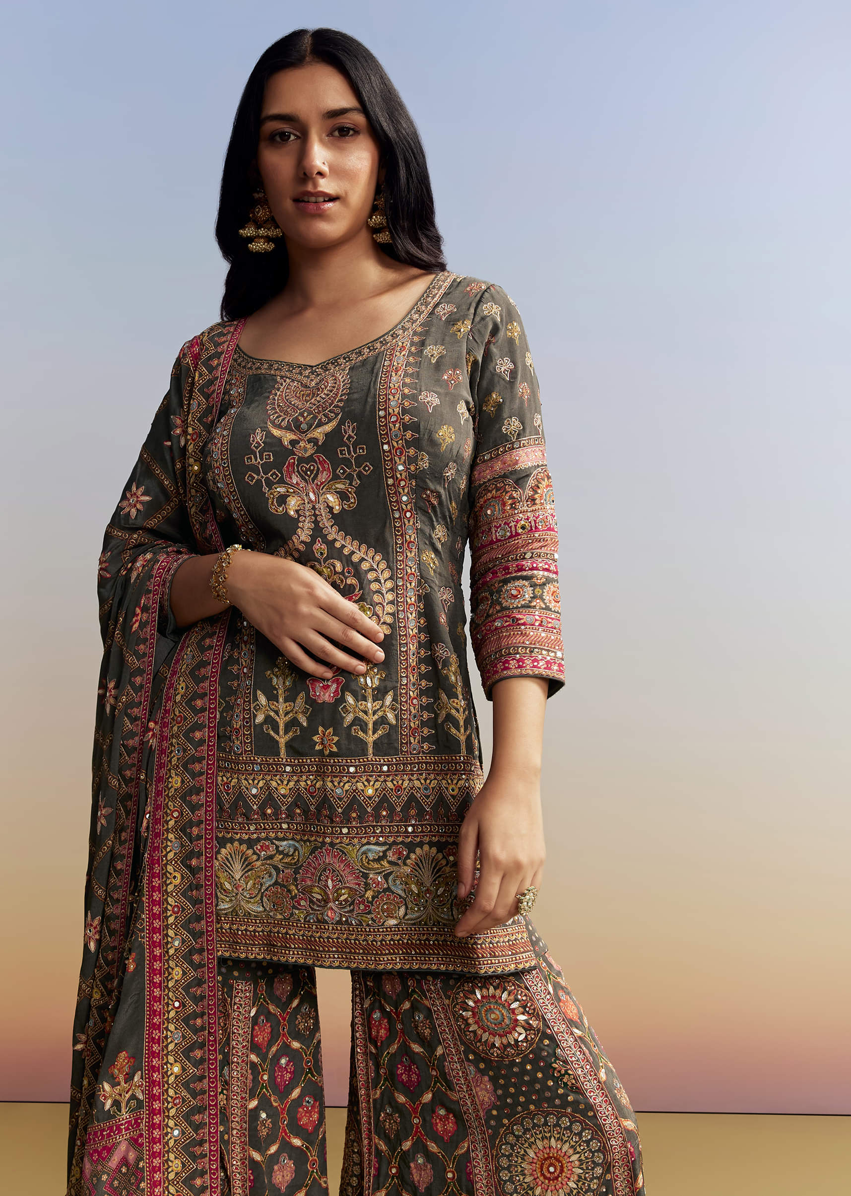 Dark Green Printed Sharara Set - Image 5