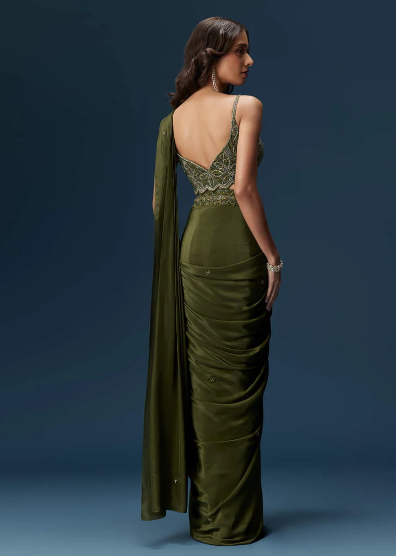 Dark Green Ready Pleated Saree With Corset Blouse - Image 2