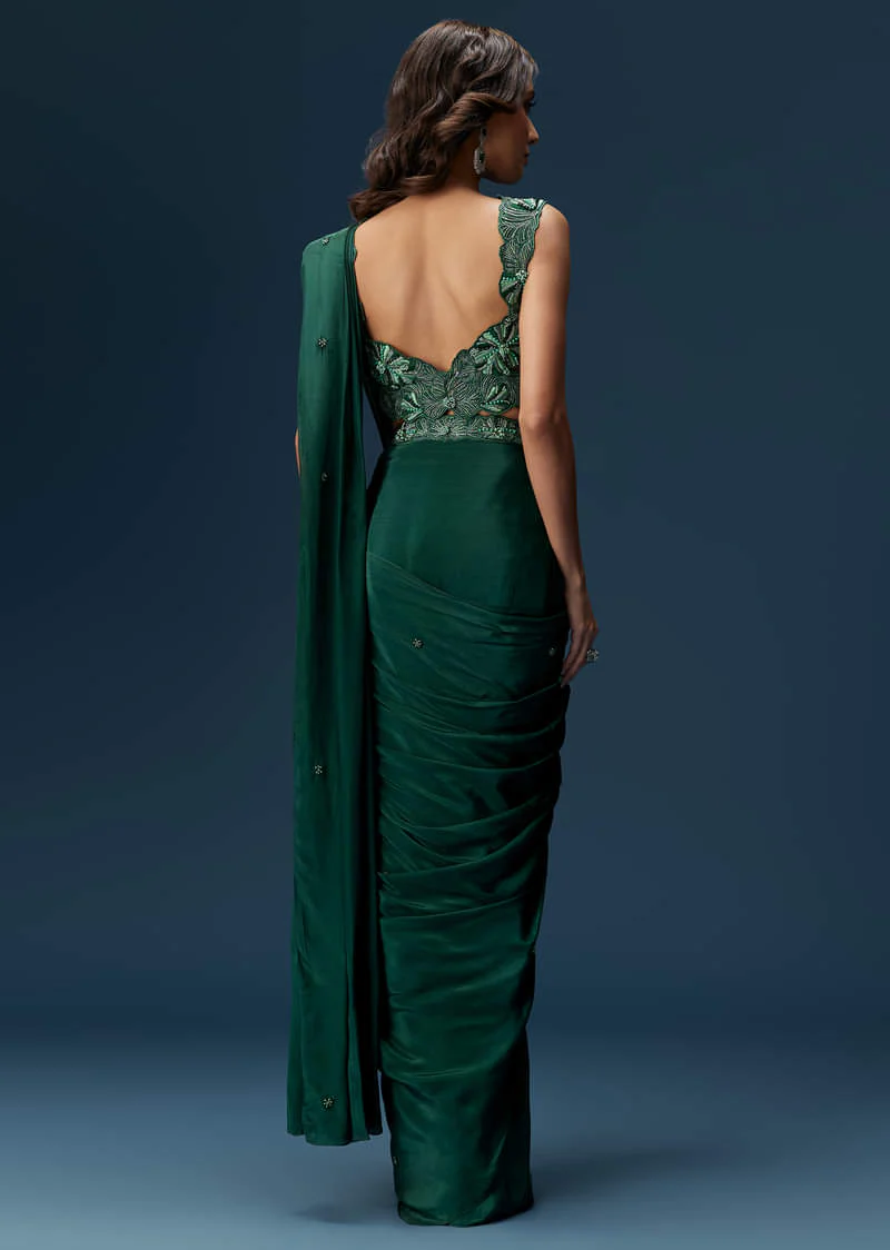 Dark Green Ready Pleated Saree With Embellished Blouse - Image 2