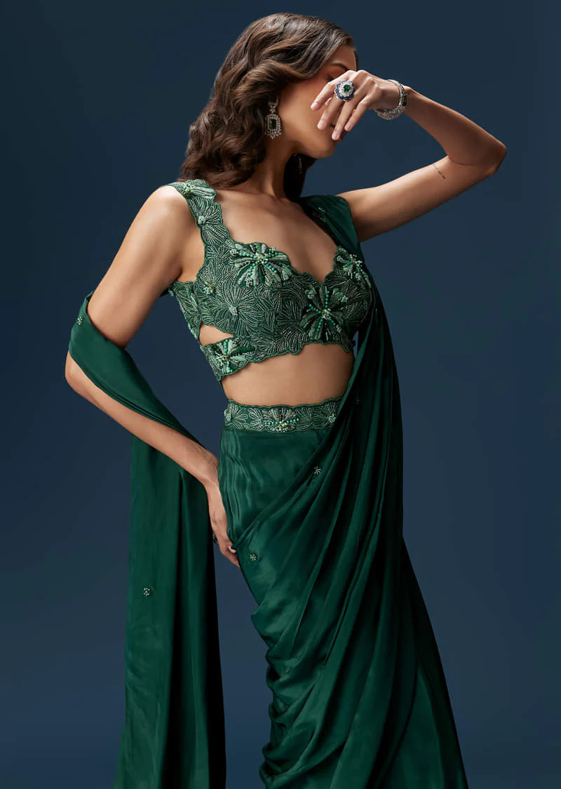 Dark Green Ready Pleated Saree With Embellished Blouse - Image 5