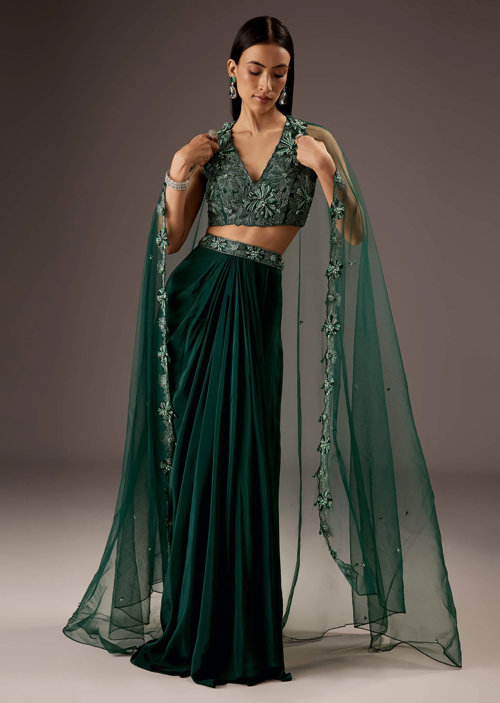 Dark Green Silk Crop Top Skirt With Heavy Embroidery - Image 4