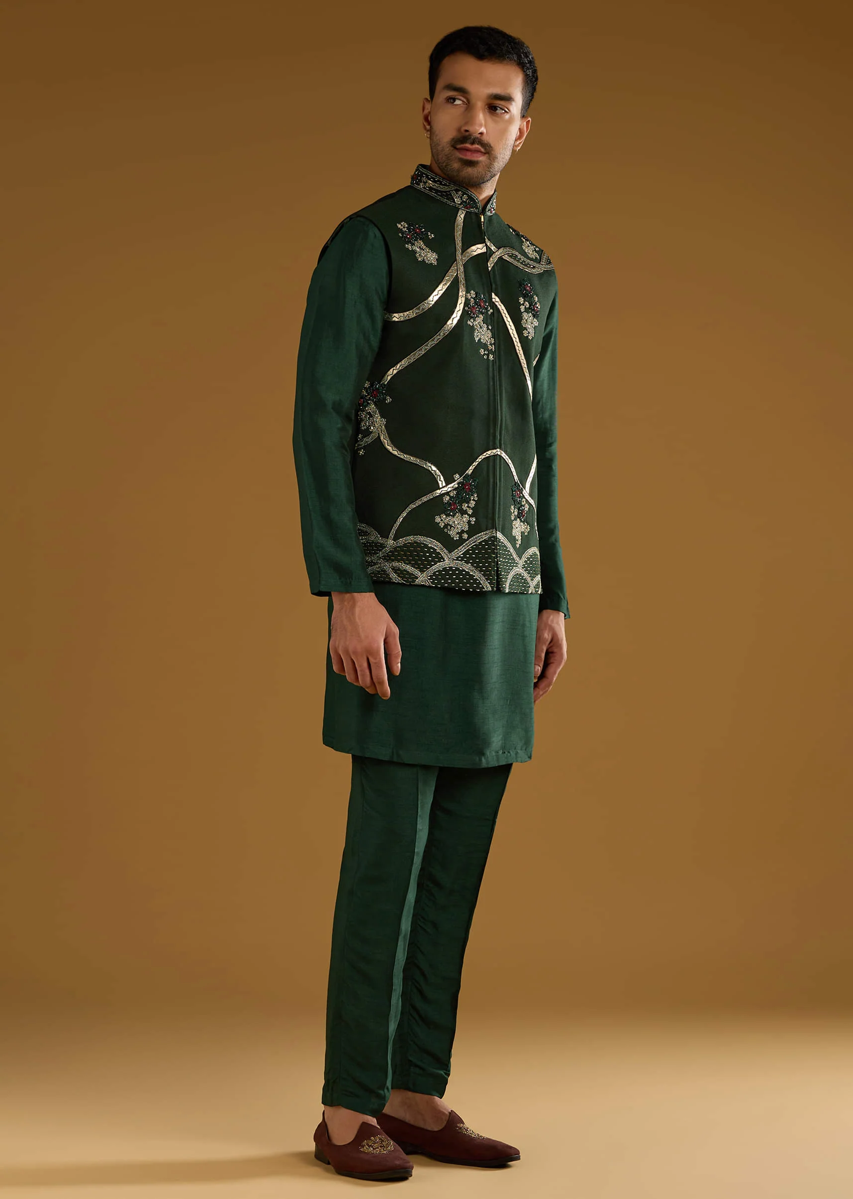 Dark Green Silk Kurta Jacket Set For Men With Gota Work - Image 3