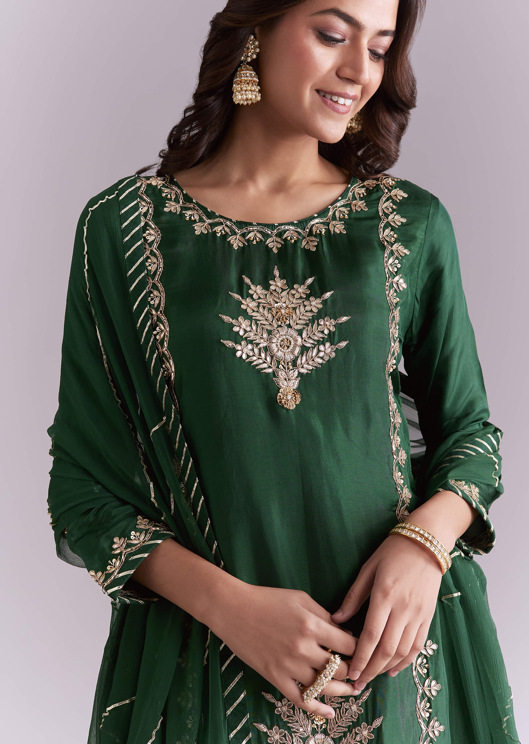 Dark Green Silk Palazzo Suit With Gota Work - Image 2