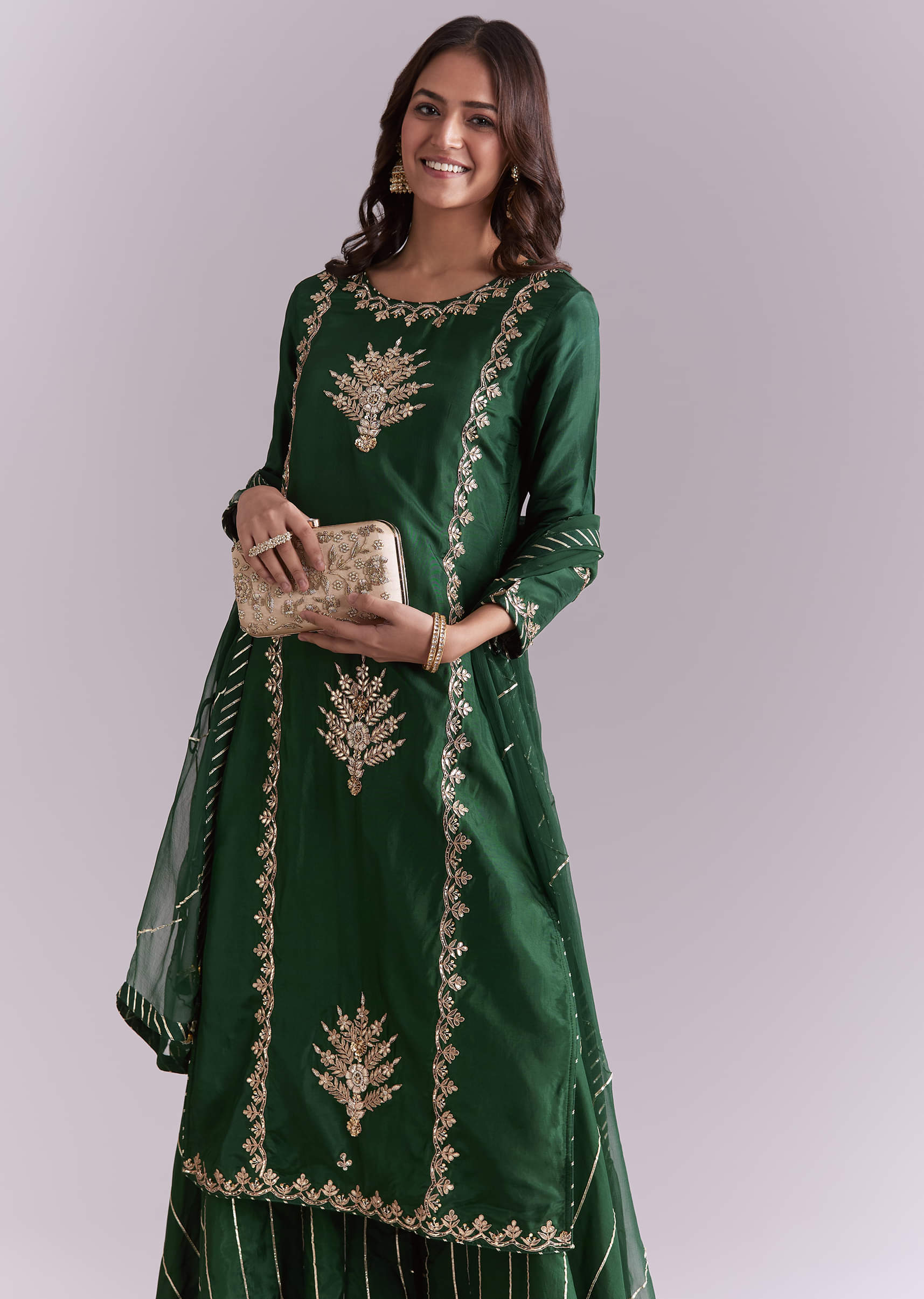Dark Green Silk Palazzo Suit With Gota Work - Image 4