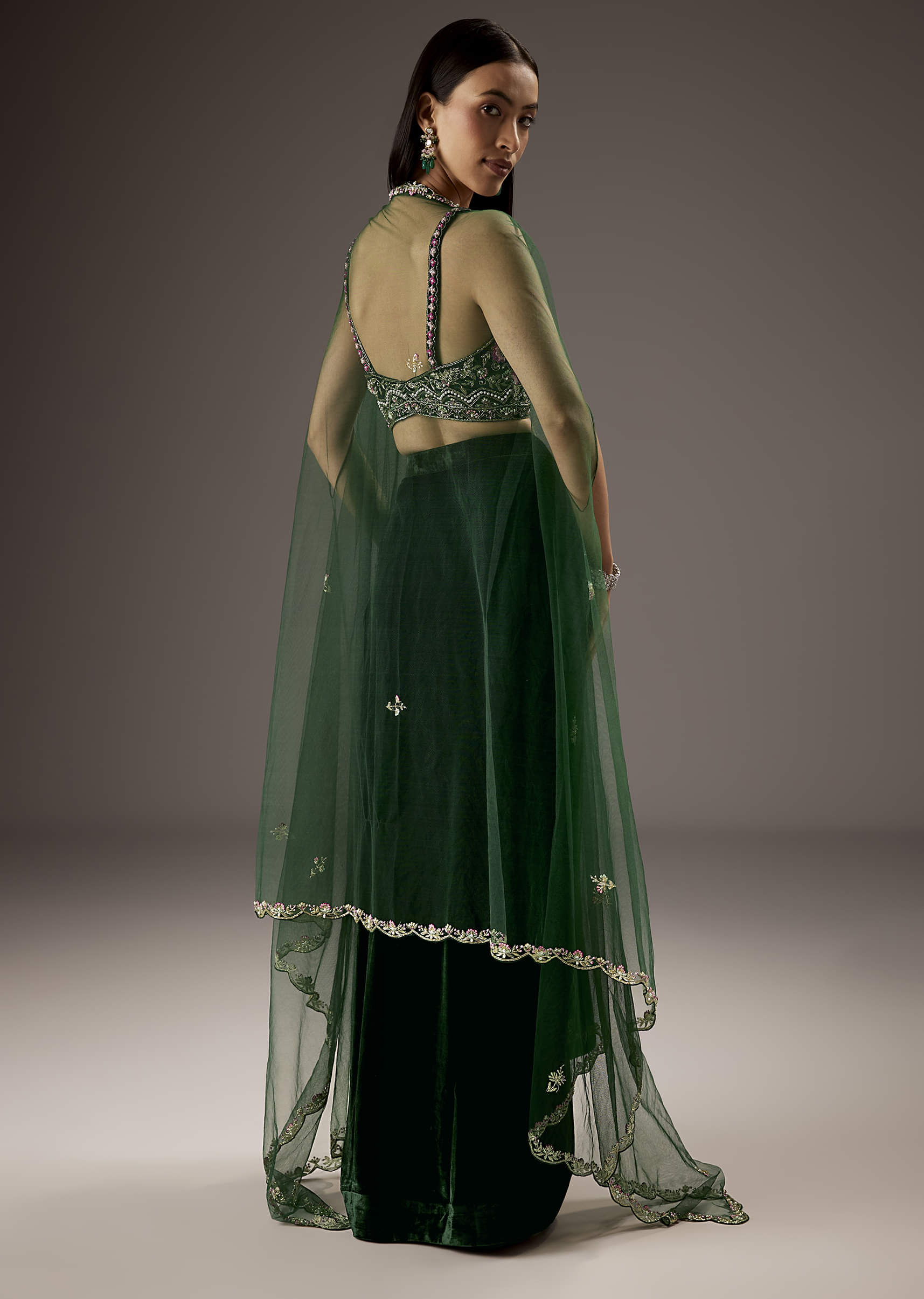 Dark Green Velvet Crop Top Skirt With Heavy Embroidery - Image 2