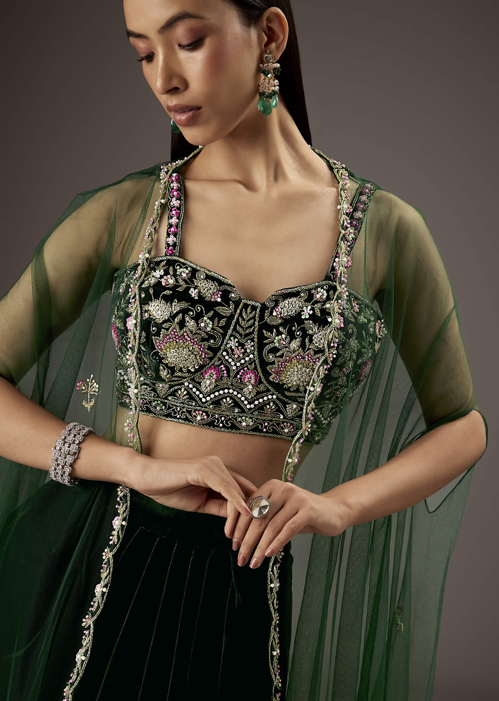 Dark Green Velvet Crop Top Skirt With Heavy Embroidery - Image 3