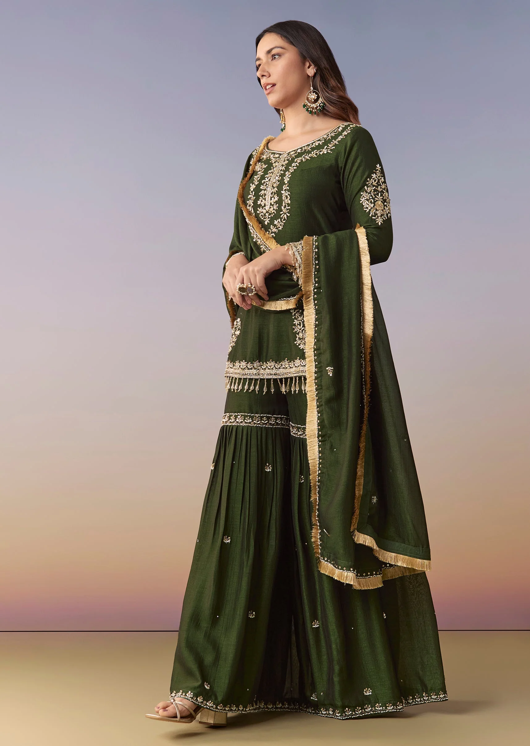 Dark Green Zardosi Sharara Suit Set With Dupatta - Image 3