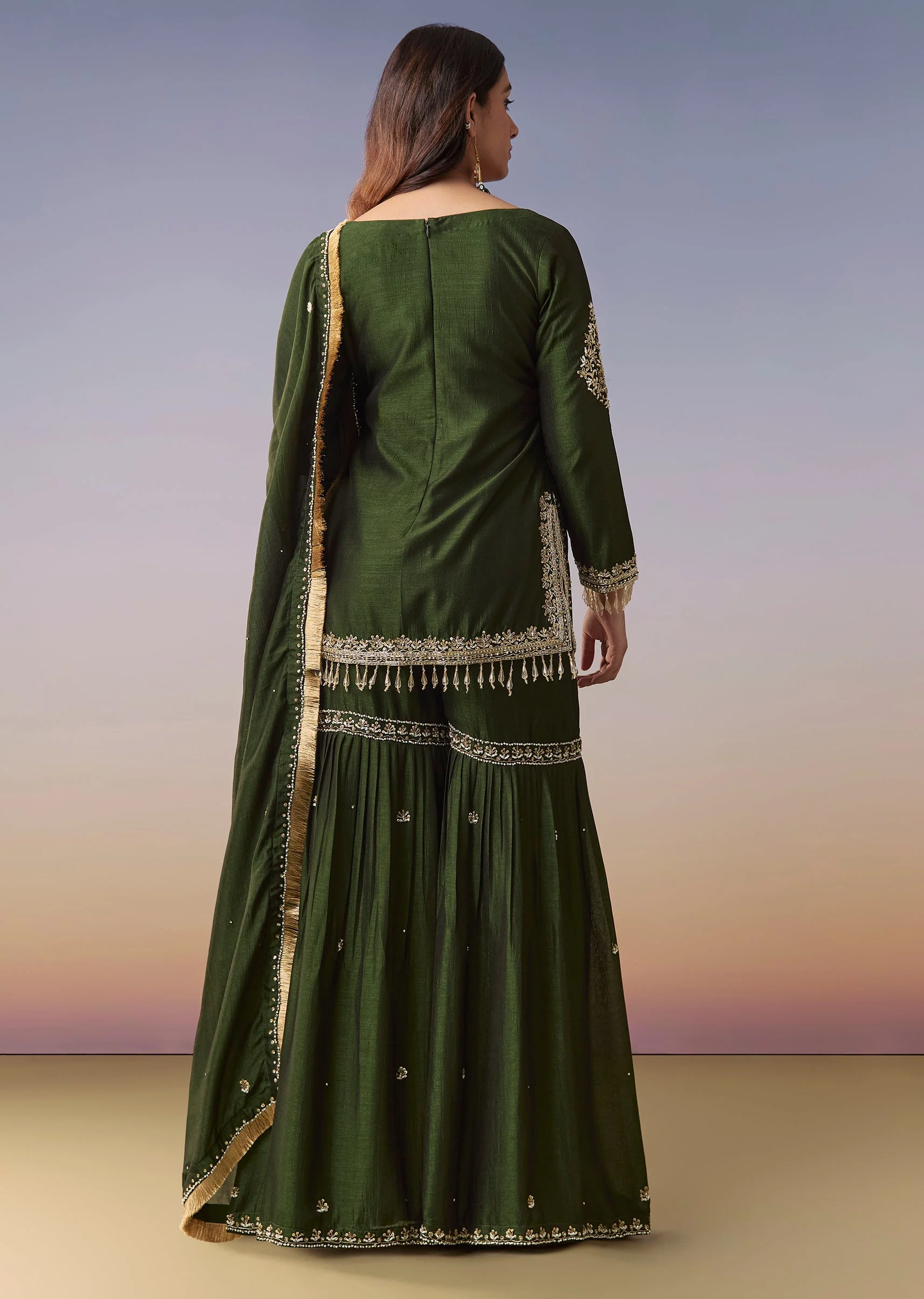 Dark Green Zardosi Sharara Suit Set With Dupatta - Image 5