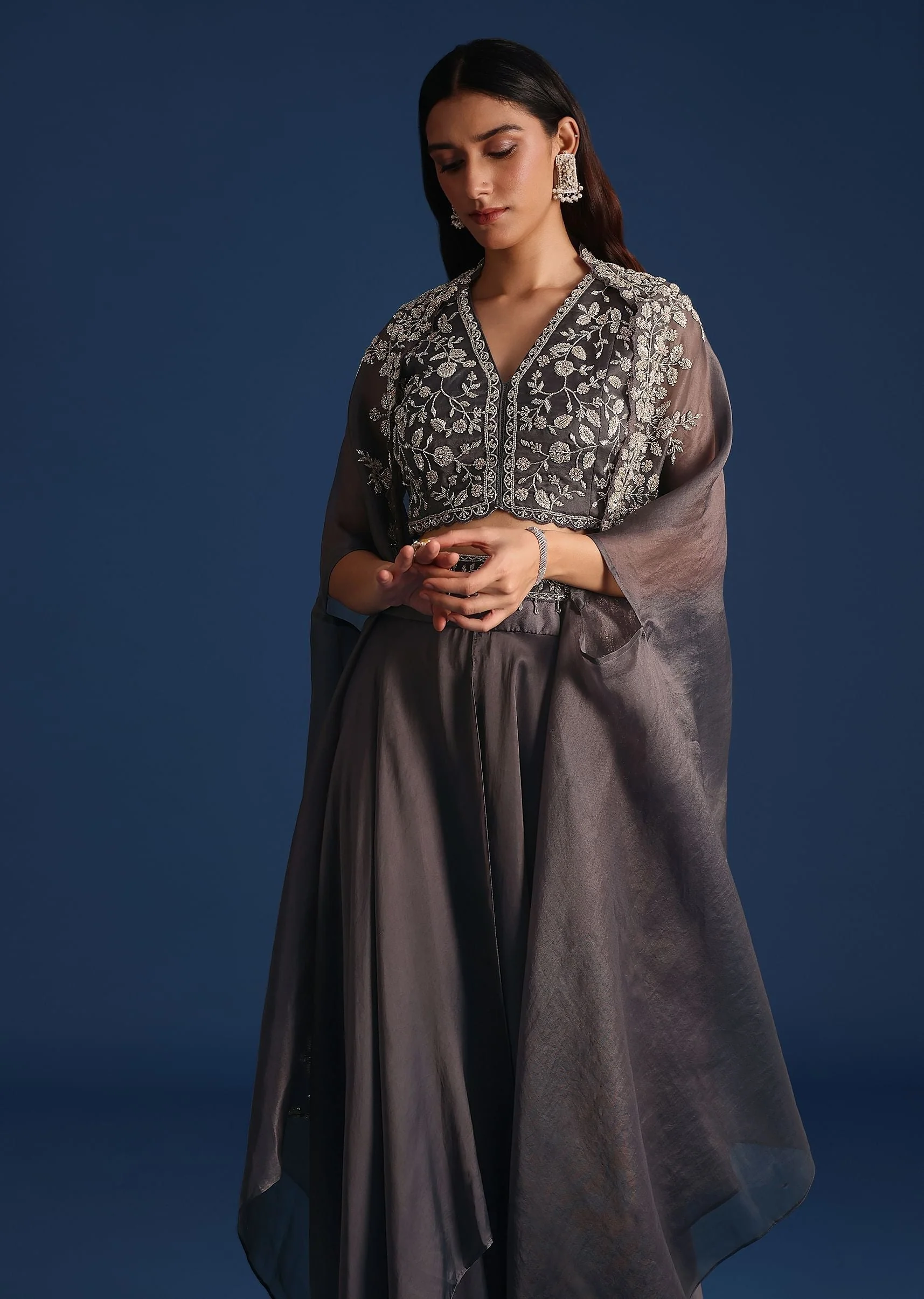 Dark Grey Asymmetric Organza Jacket With Crop Top And Draped Skirt - Image 2