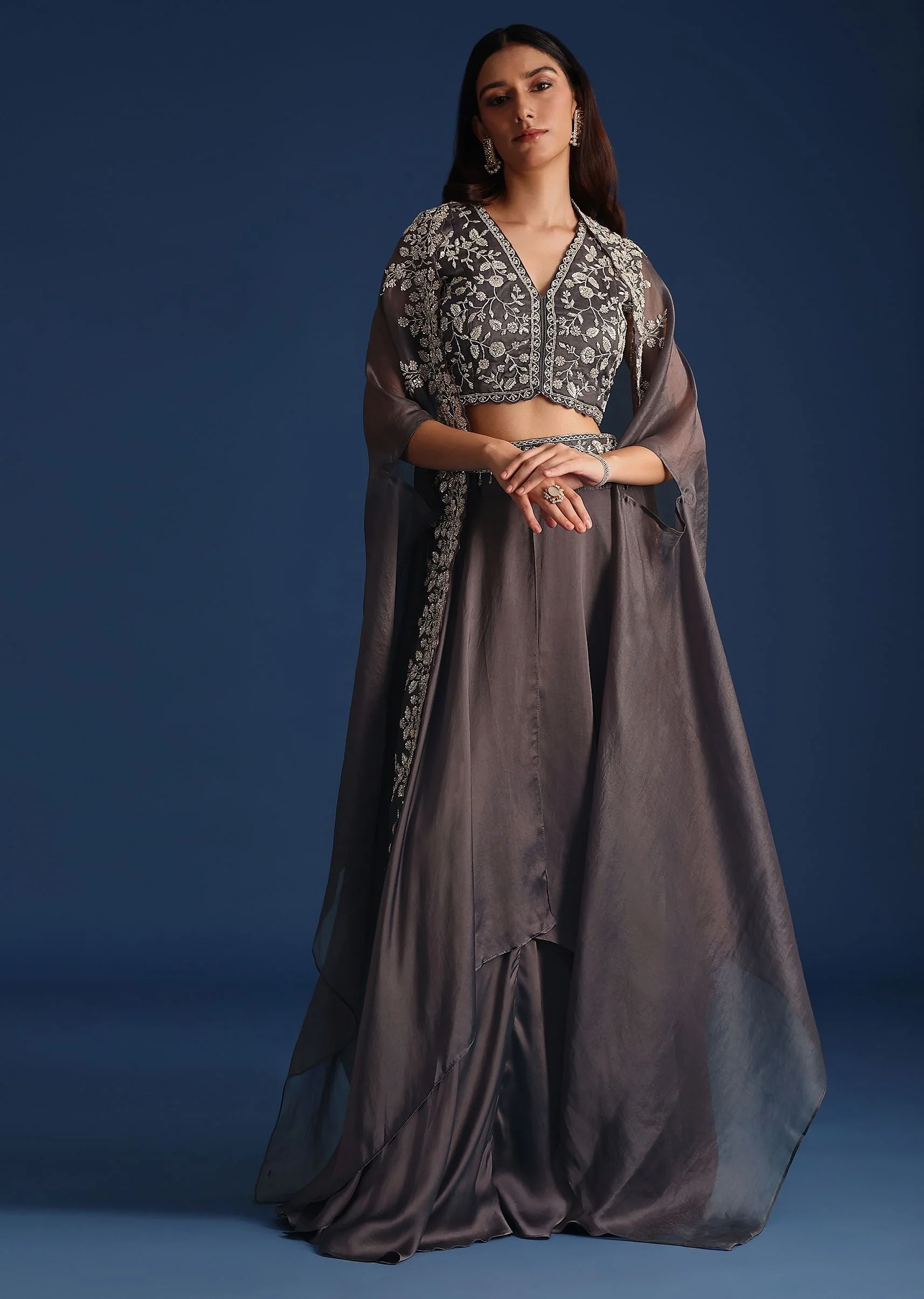 Dark Grey Asymmetric Organza Jacket With Crop Top And Draped Skirt - Image 3