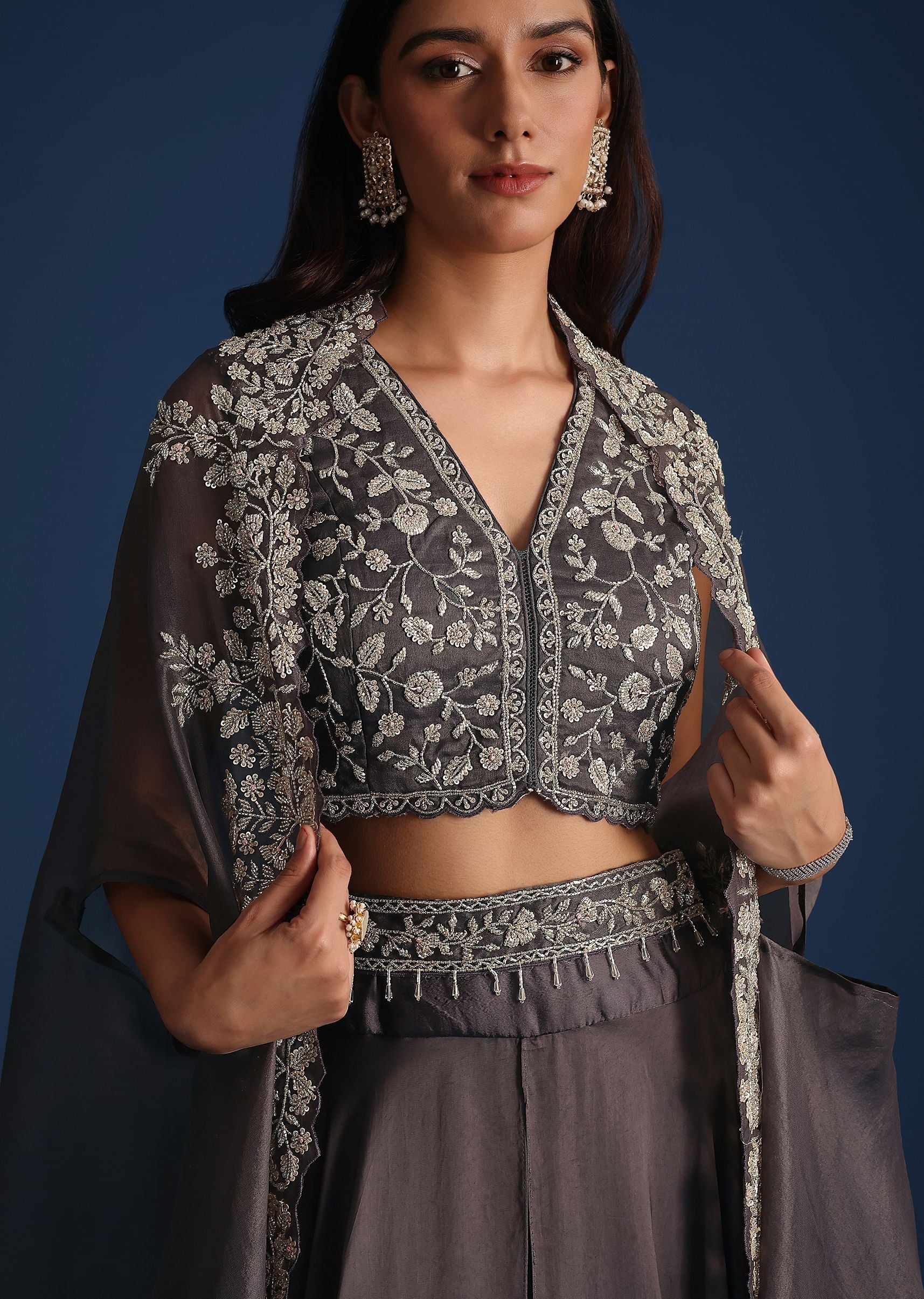 Dark Grey Asymmetric Organza Jacket With Crop Top And Draped Skirt - Image 4