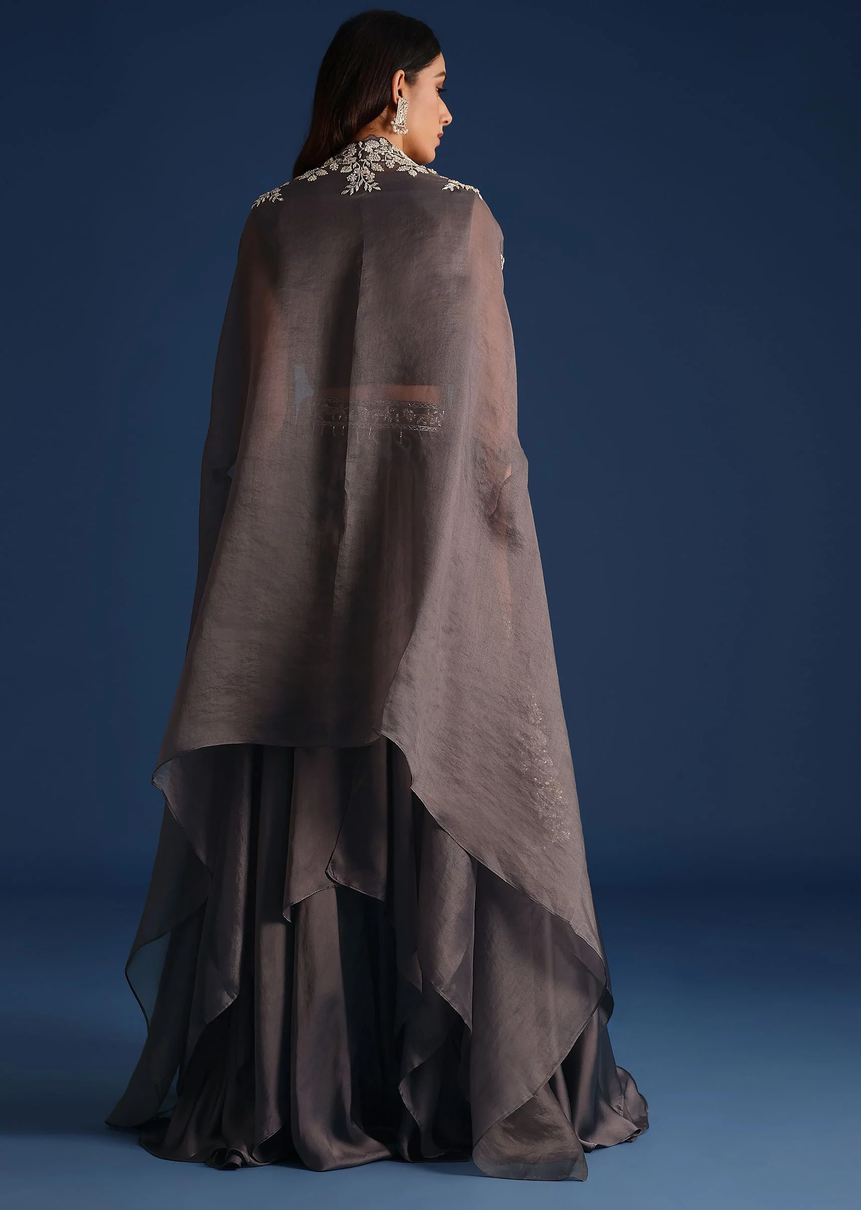 Dark Grey Asymmetric Organza Jacket With Crop Top And Draped Skirt - Image 5