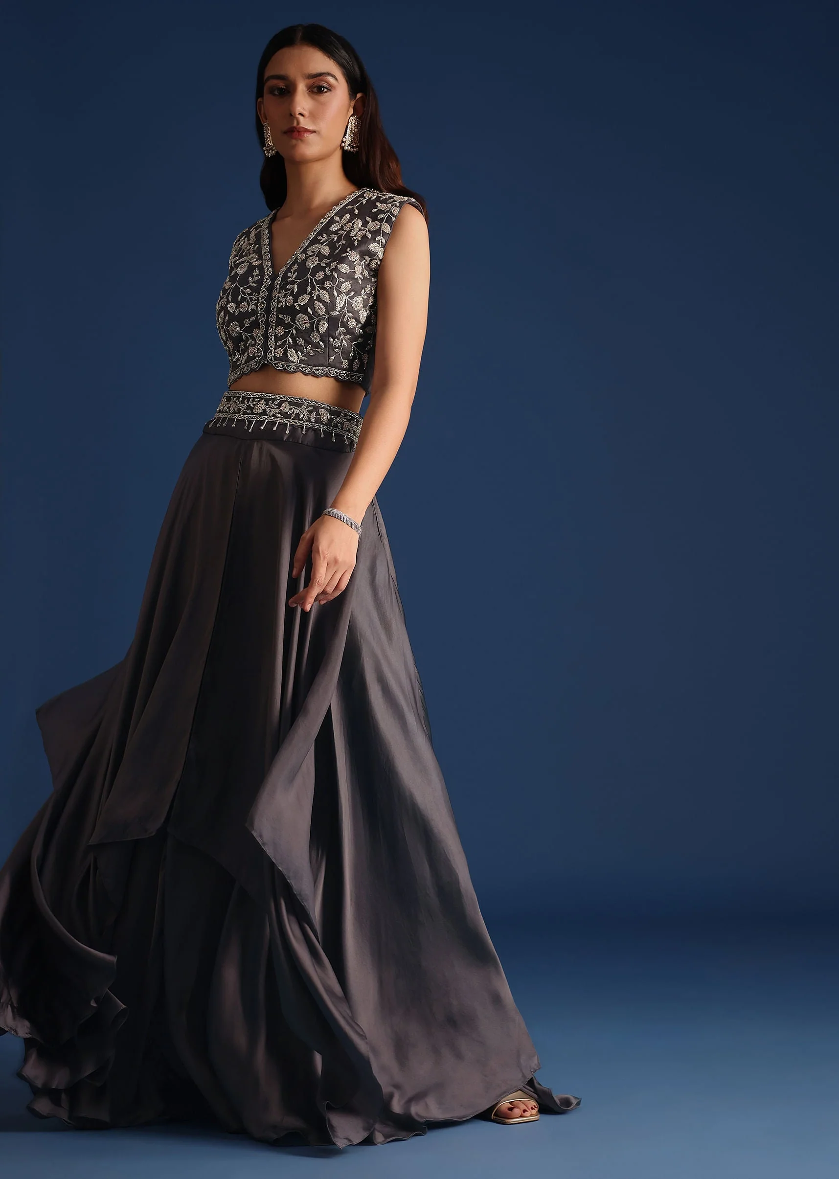 Dark Grey Asymmetric Organza Jacket With Crop Top And Draped Skirt - Image 6