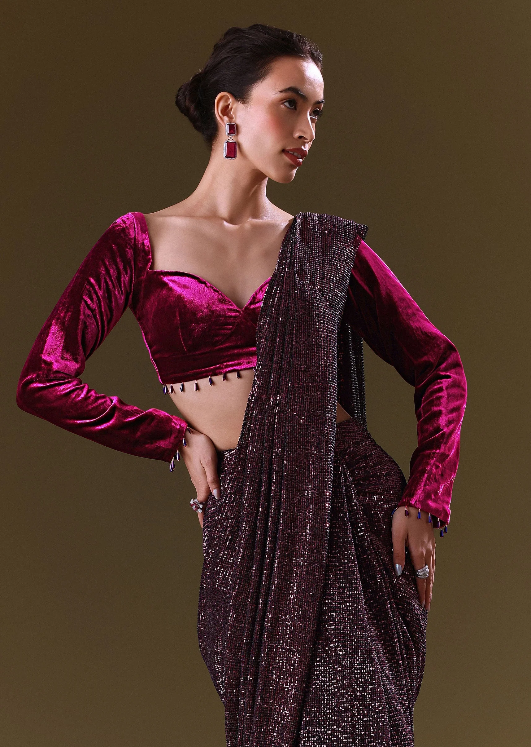 Dark Maroon Pre Stitched Sequined Saree With Sweetheart Neck Blouse - Image 3