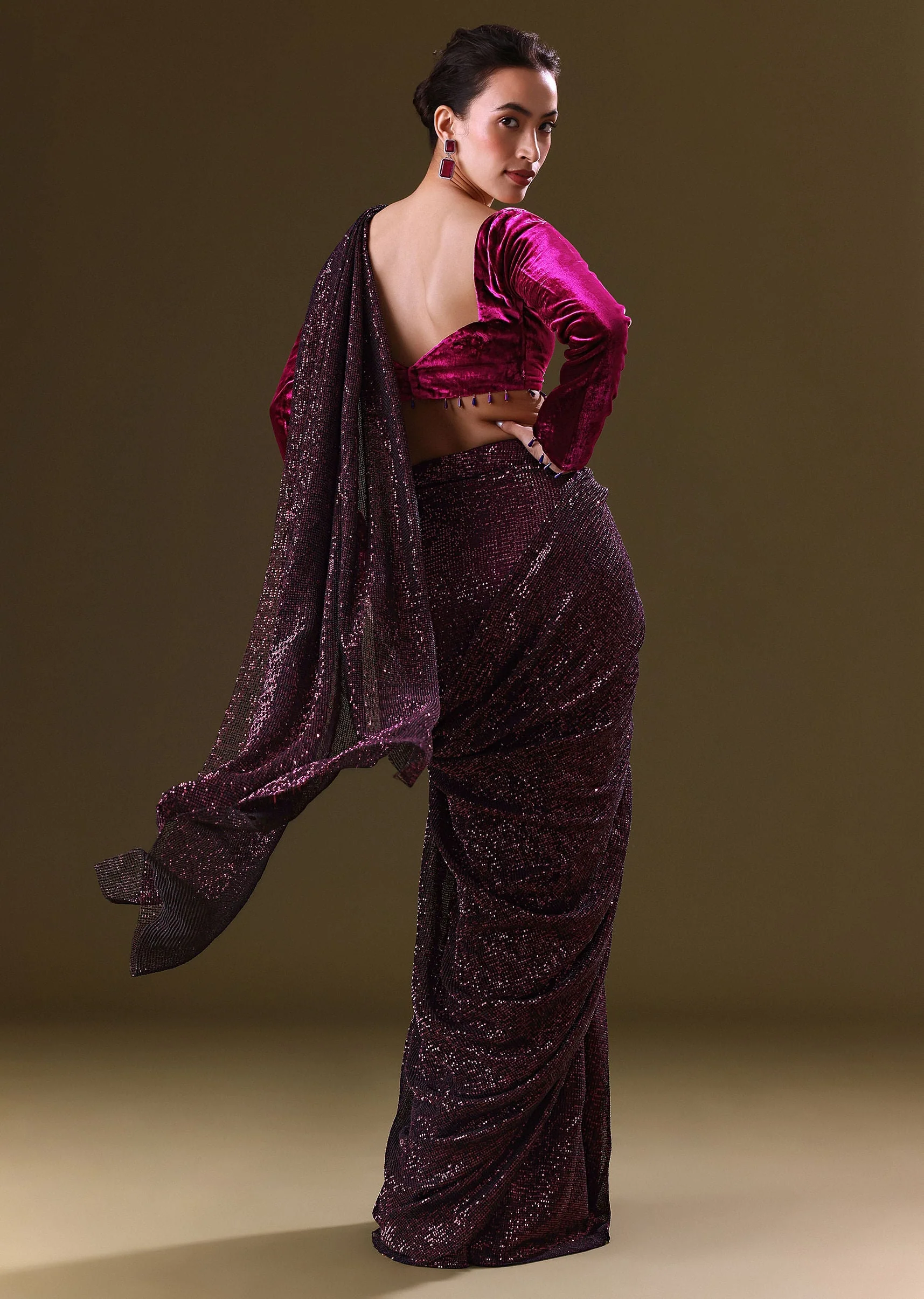 Dark Maroon Pre Stitched Sequined Saree With Sweetheart Neck Blouse - Image 5