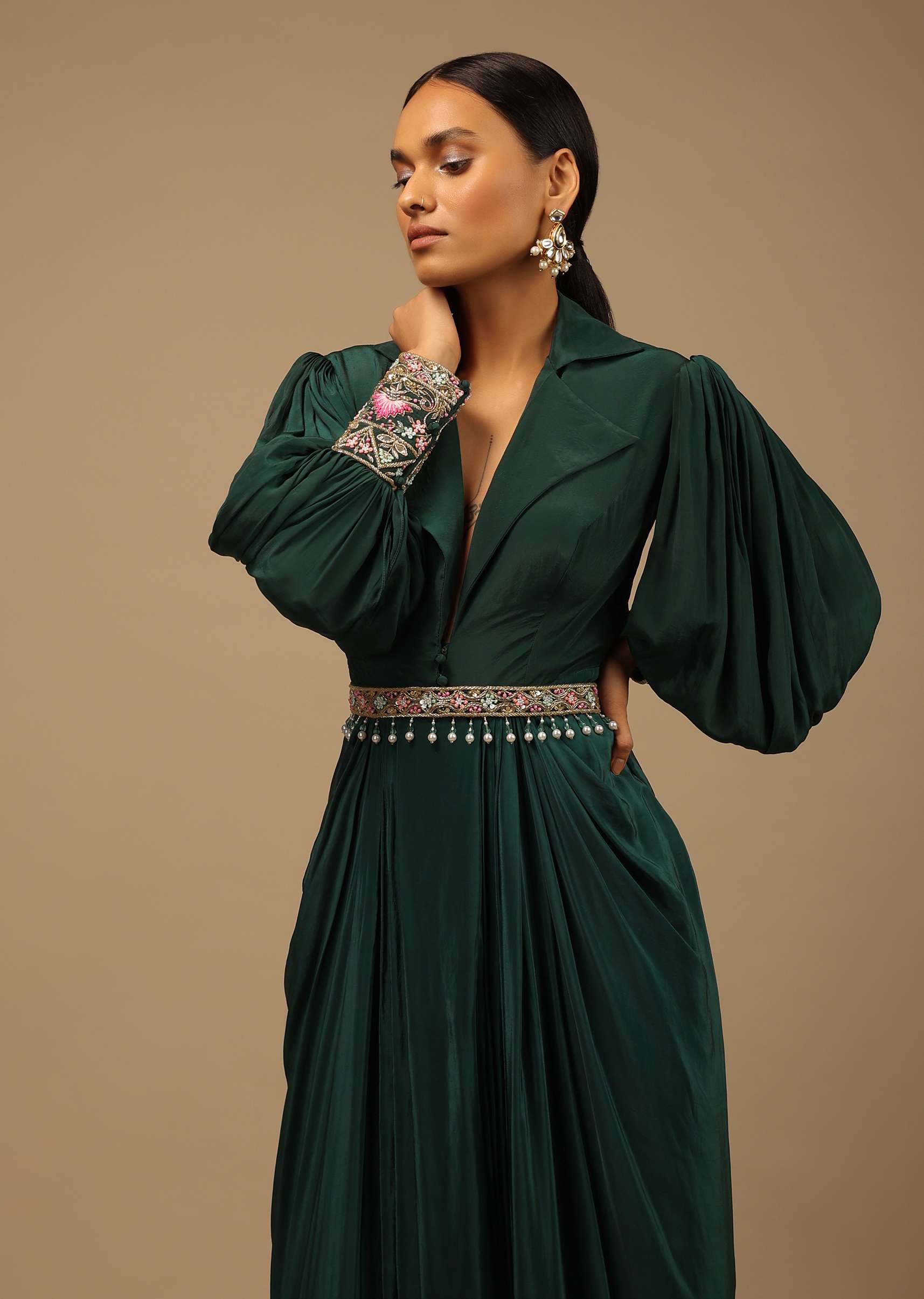 Dark Pine Green High Low Gown With Collar Neckline, Bishop Sleeves And Multicolor Handwork On The Cuffs - Image 2