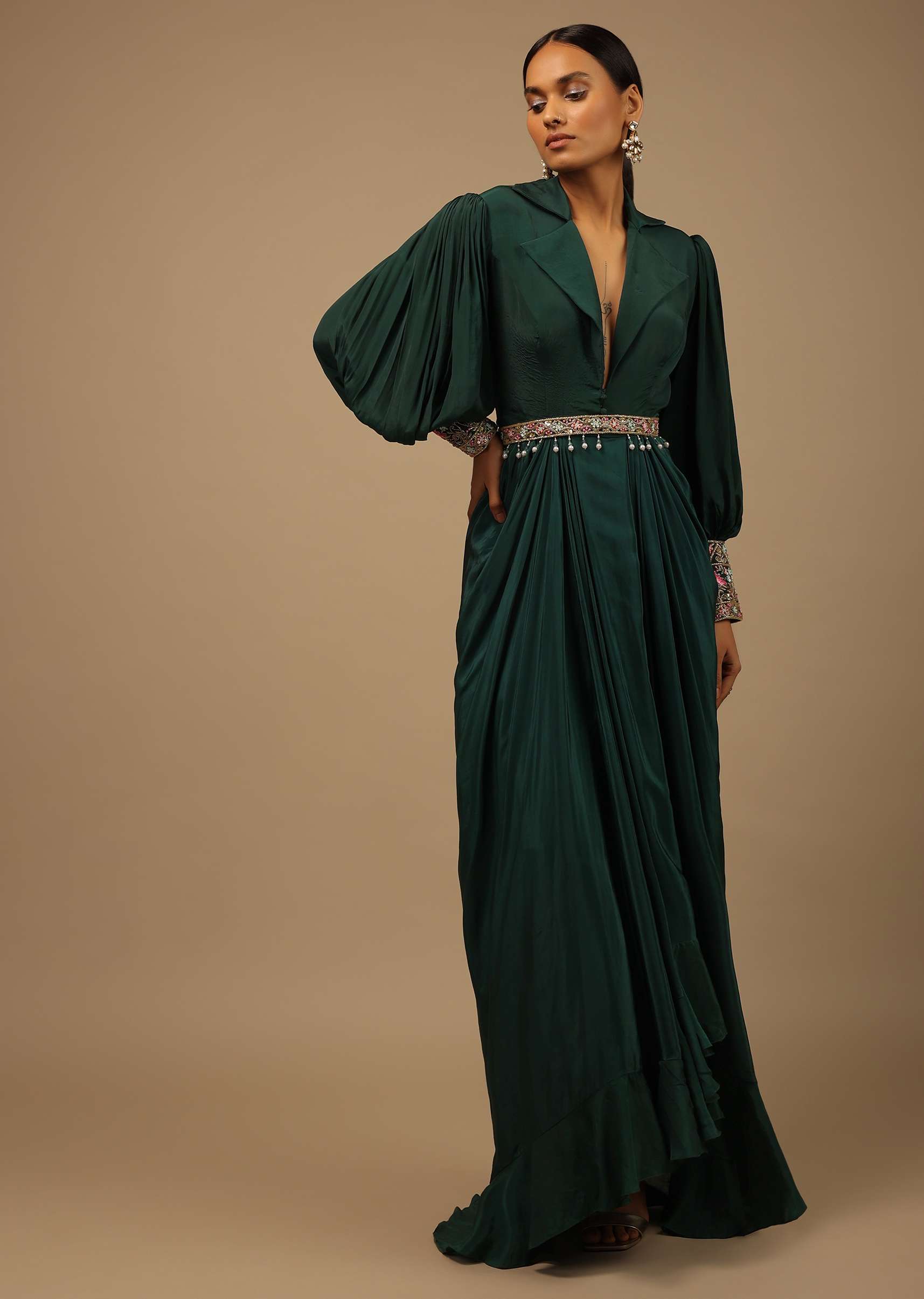 Dark Pine Green High Low Gown With Collar Neckline, Bishop Sleeves And Multicolor Handwork On The Cuffs - Image 3