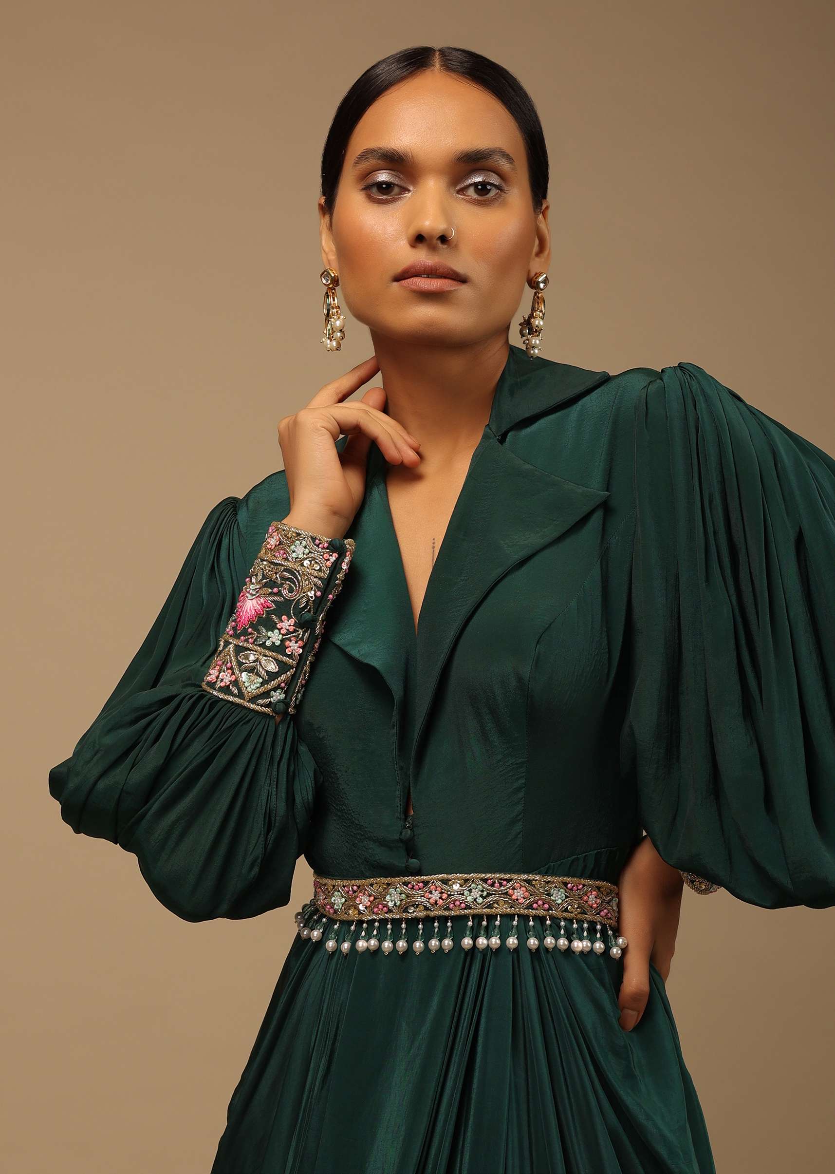 Dark Pine Green High Low Gown With Collar Neckline, Bishop Sleeves And Multicolor Handwork On The Cuffs - Image 4