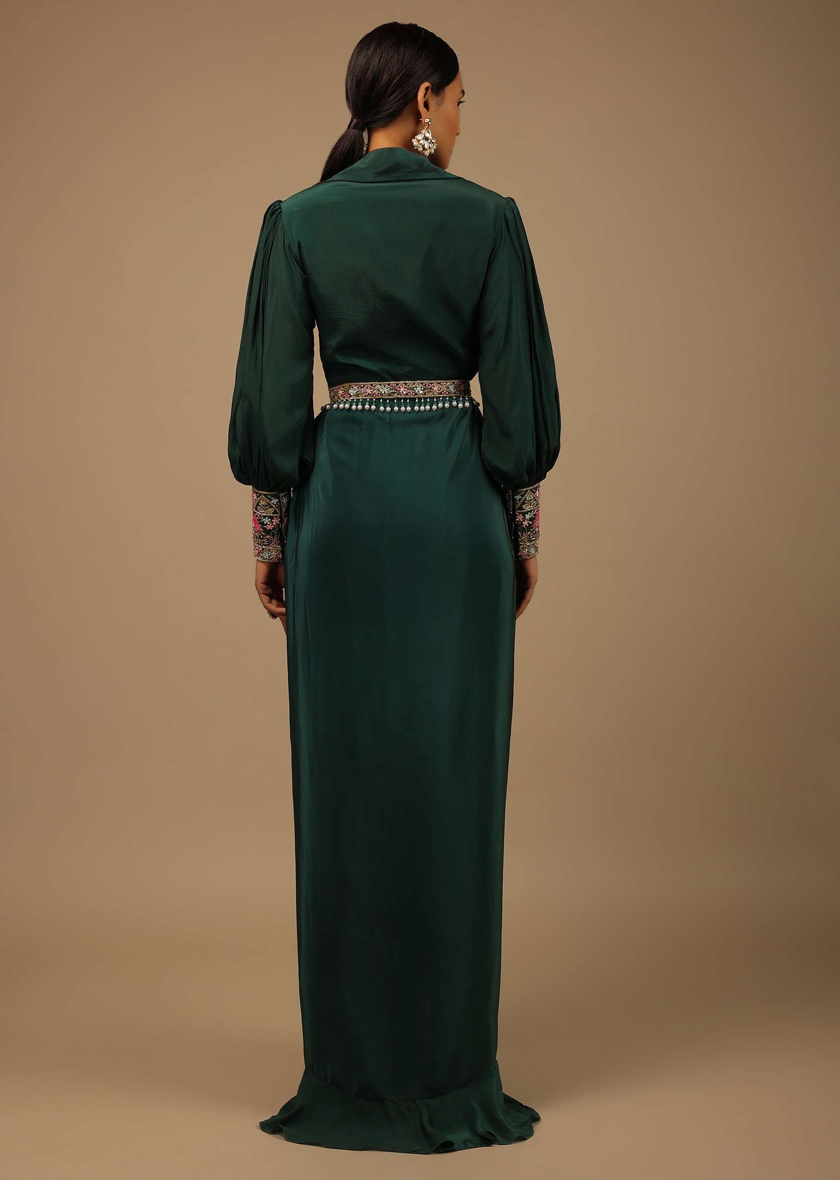 Dark Pine Green High Low Gown With Collar Neckline, Bishop Sleeves And Multicolor Handwork On The Cuffs - Image 5