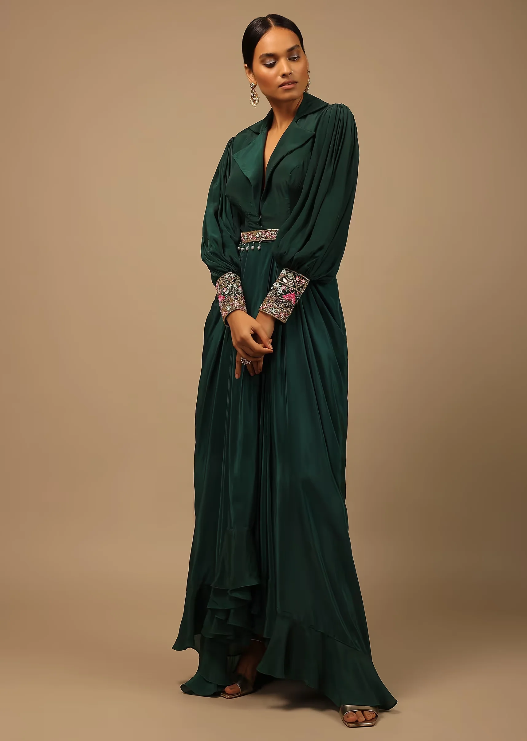 Dark Pine Green High Low Gown With Collar Neckline, Bishop Sleeves And Multicolor Handwork On The Cuffs - Image 7