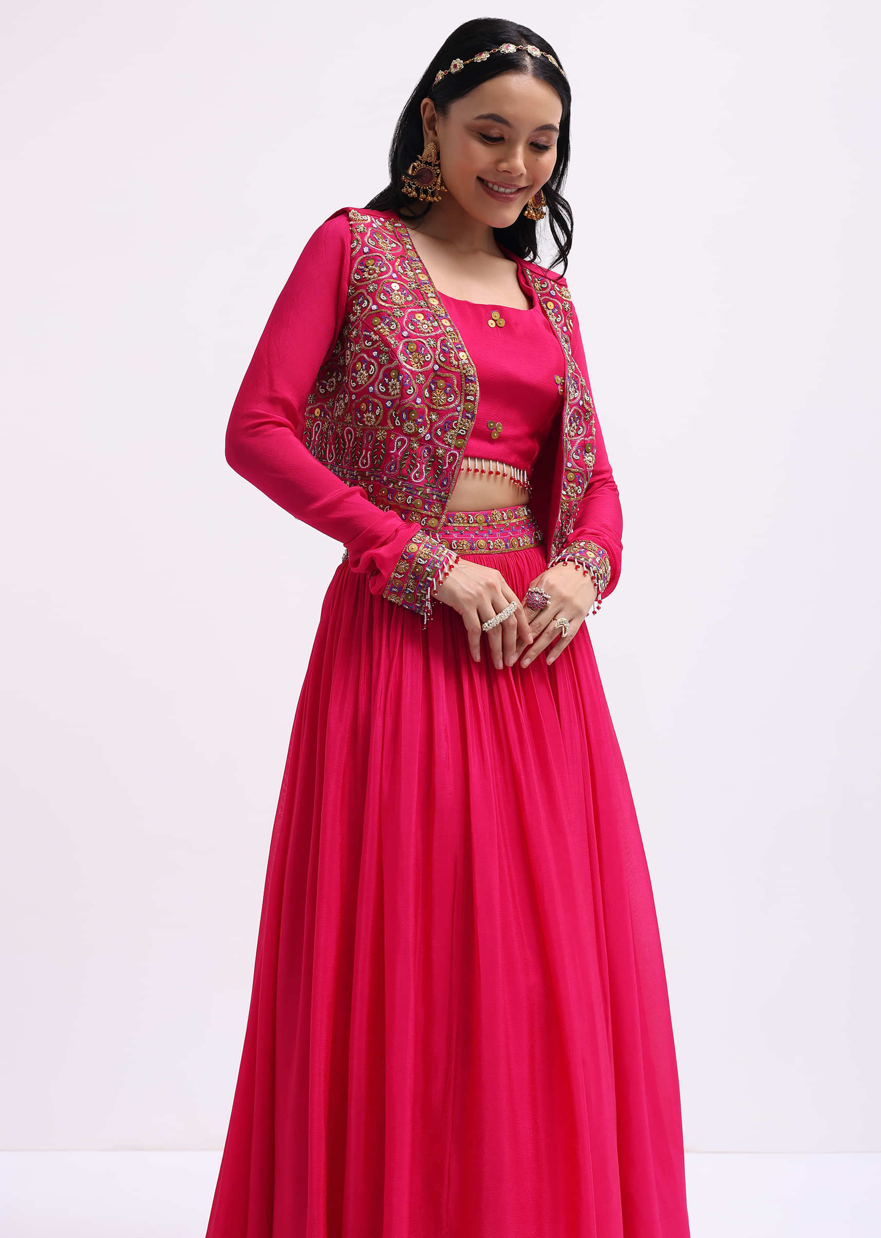 Dark Pink Embroidered Silk Lehenga Choli Set - Image 2
