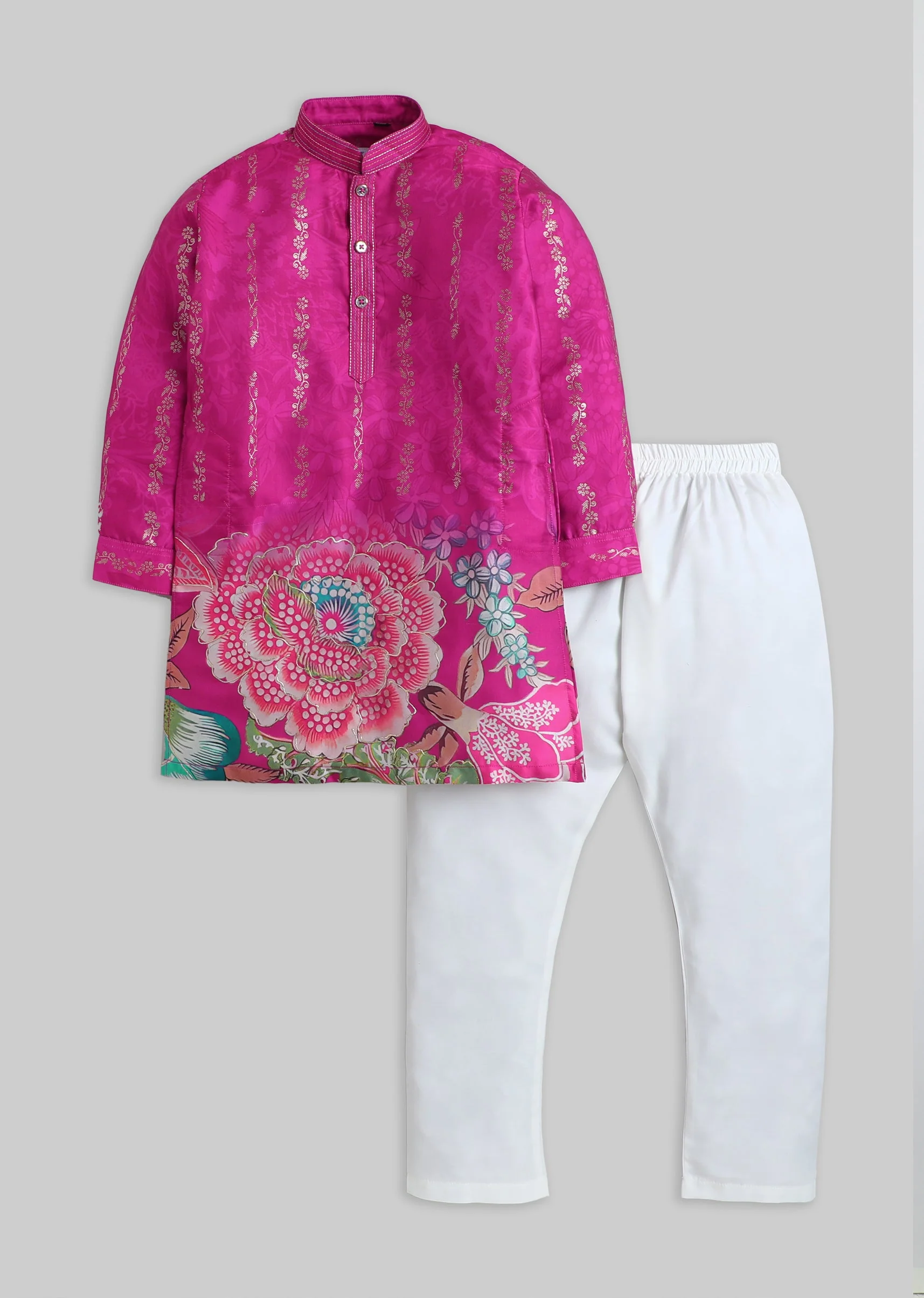 Dark Pink Floral Foil Kurta Set For Boys