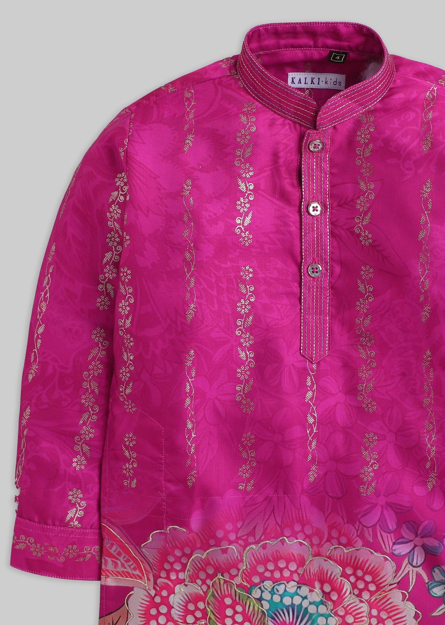 Dark Pink Floral Foil Kurta Set For Boys - Image 5