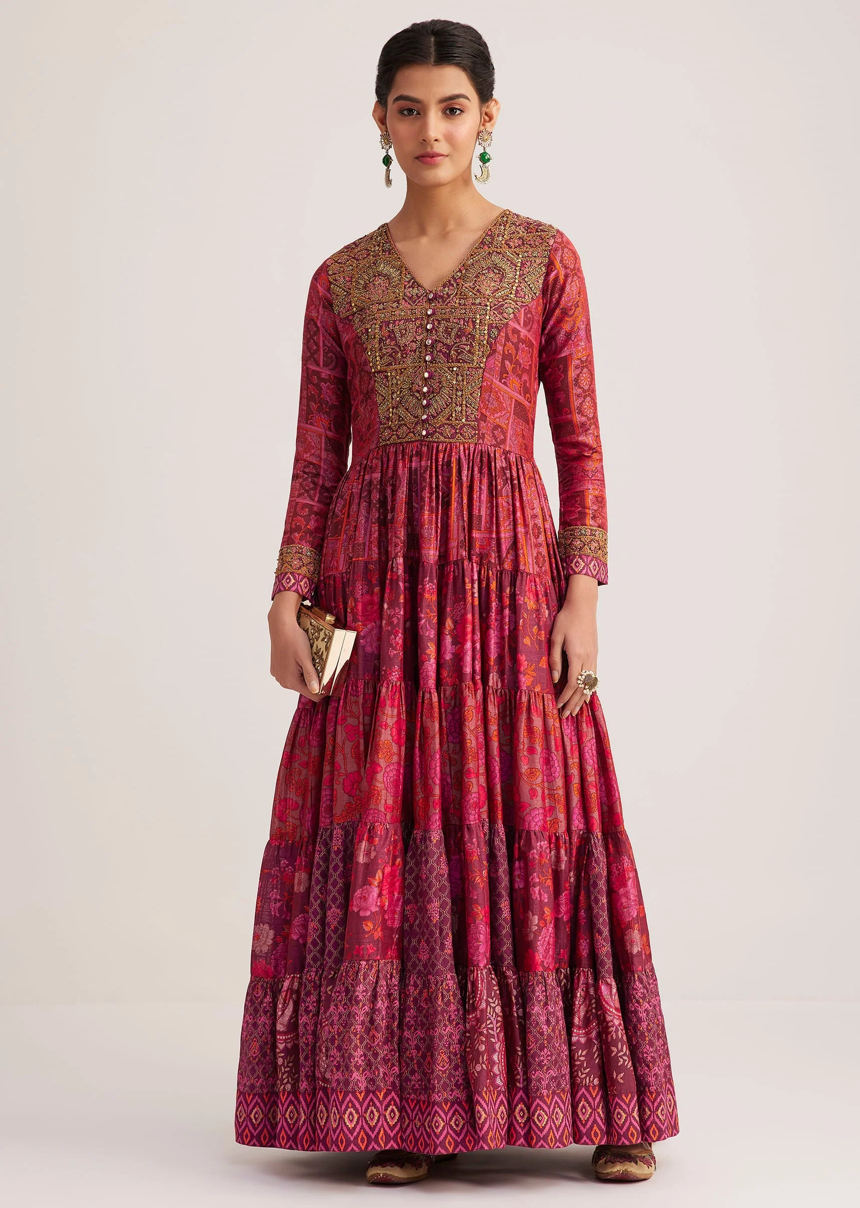 Dark Pink Silk Kurta With Indie Print - Image 3