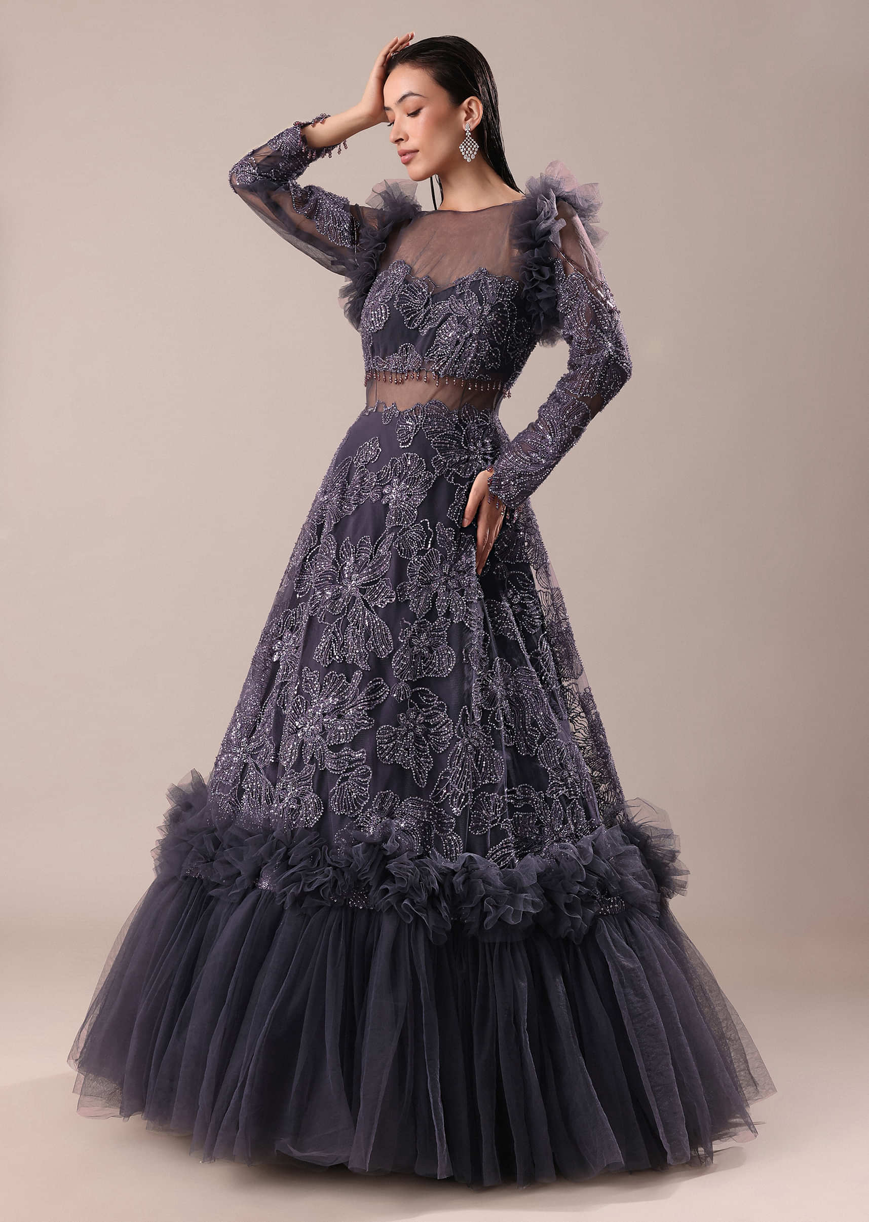 Dark Purple Embroidered Fancy Ruffle Gown - Image 2